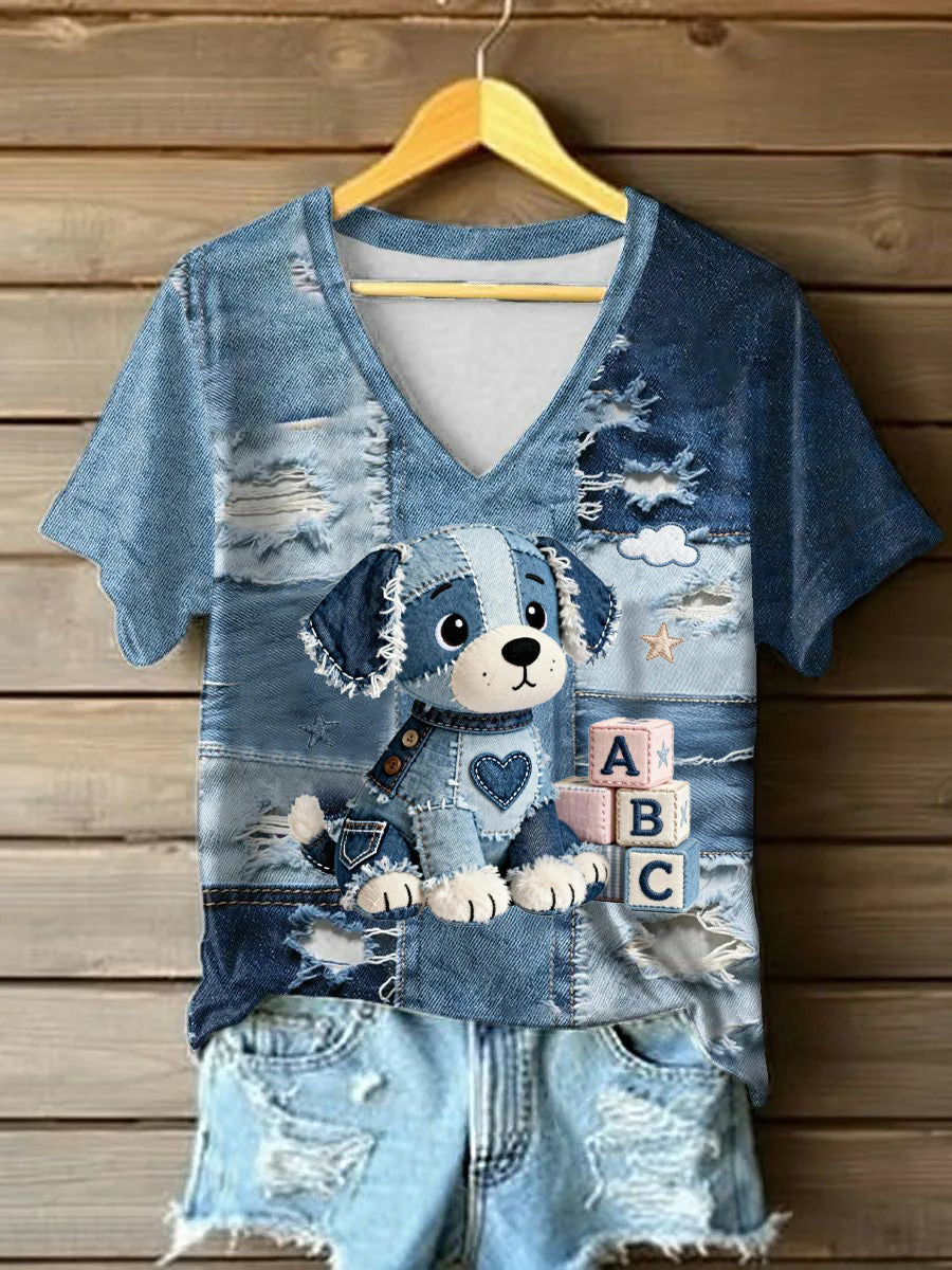 Women's Vintage Denim Dog Patchwork Printed T-shirt