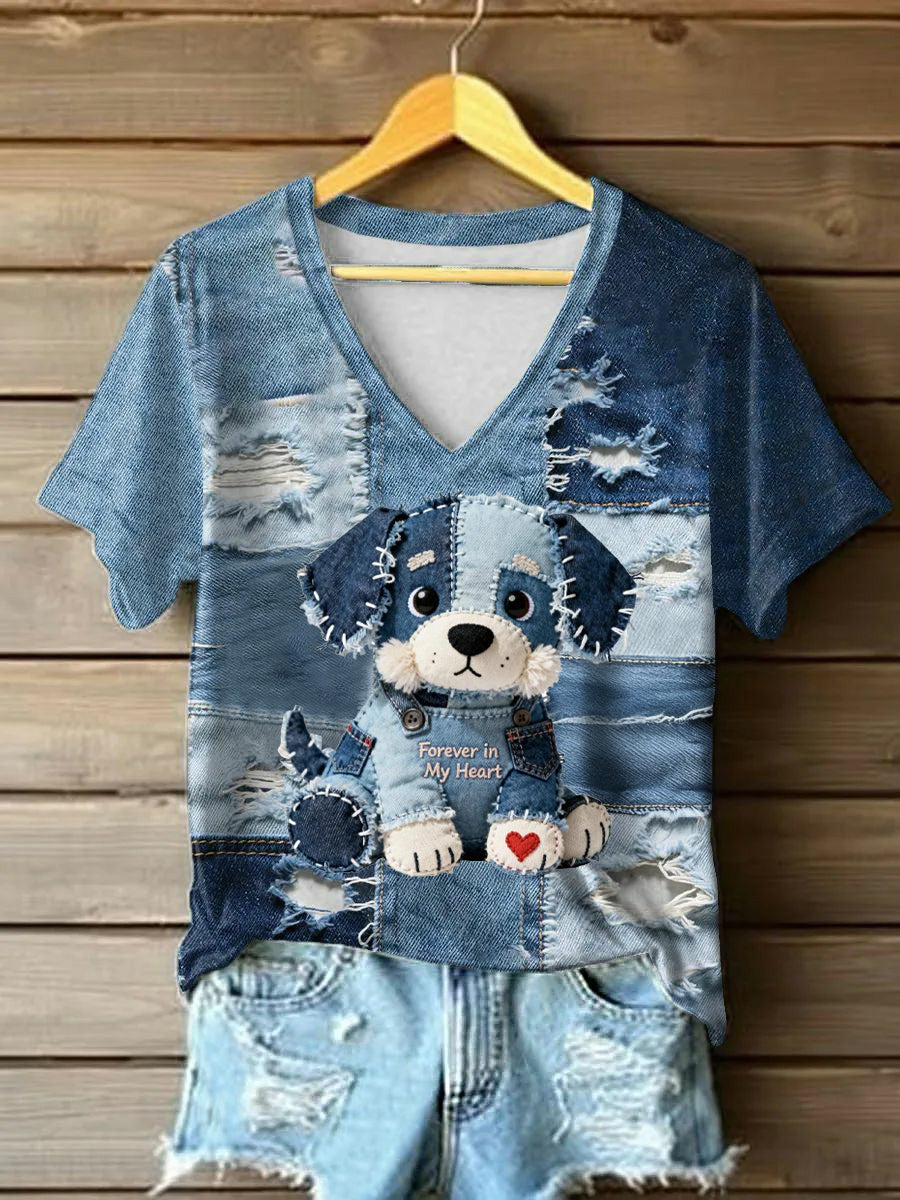 Women's Vintage Denim Dog Patchwork Printed T-shirt