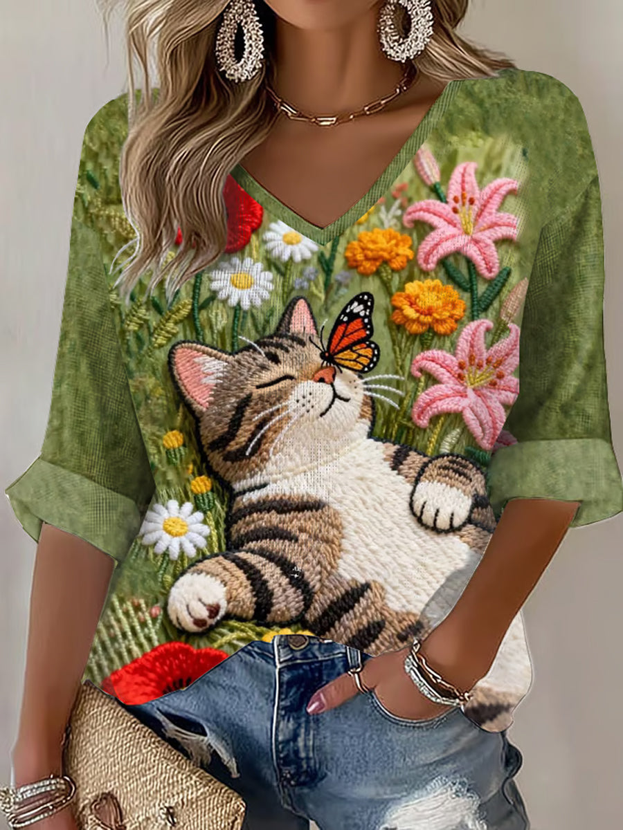Women's Amusing Cat-Themed Flowers Print Waffle T-shirt