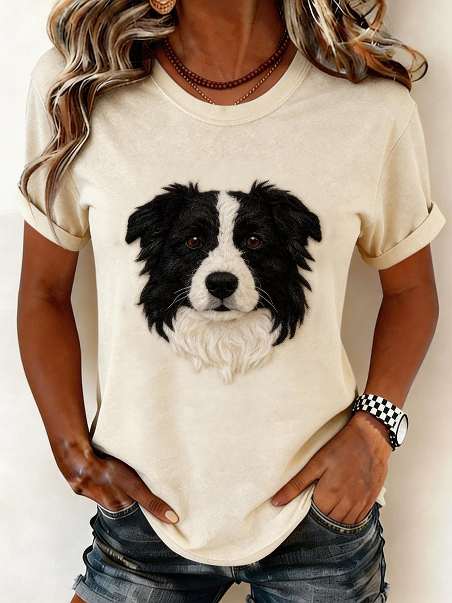 Women's Felt Art Border Collie Pattern T-Shirt
