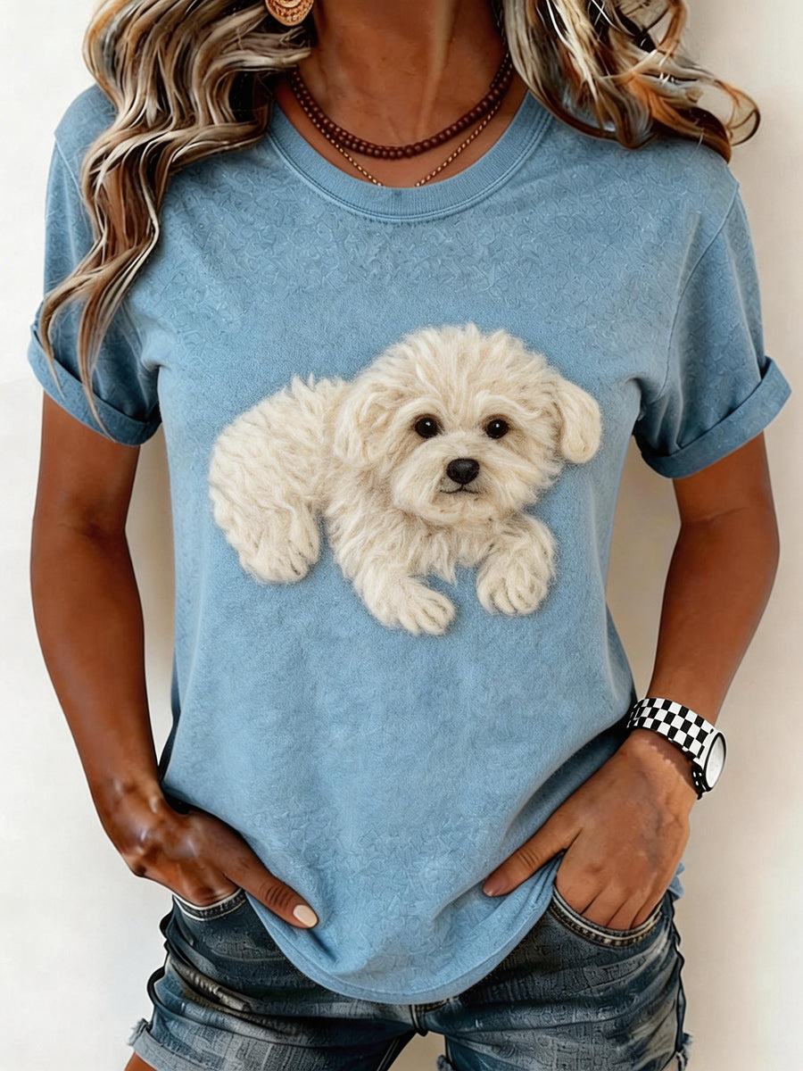 Women's Felt Art Dog Pattern T-Shirt