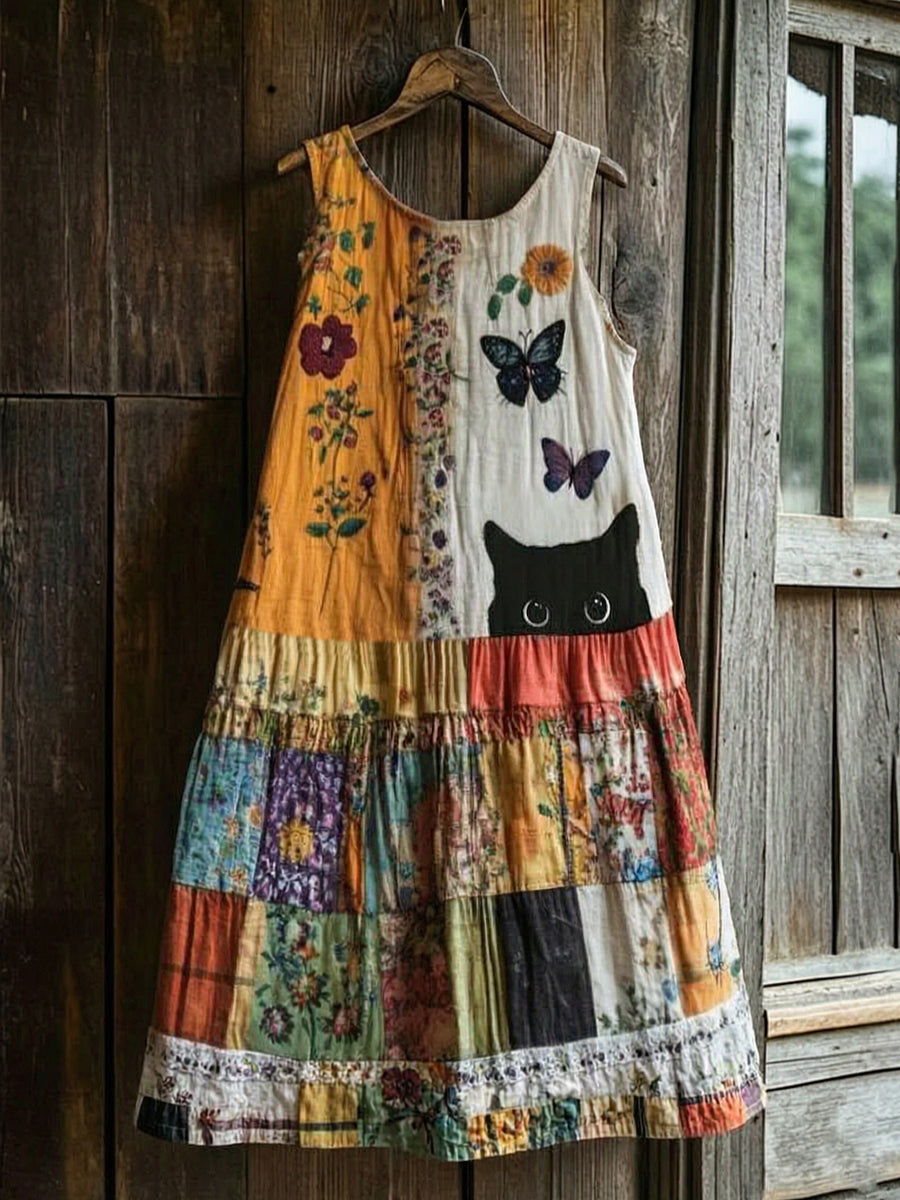 Women's Retro Floral Cat Print Casual Sleeveless Midi Dress