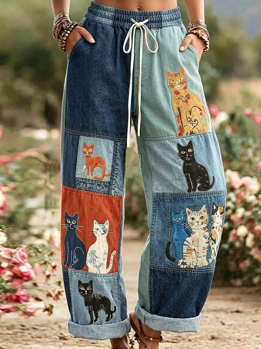 Women's Retro Cats Print Casual Pants