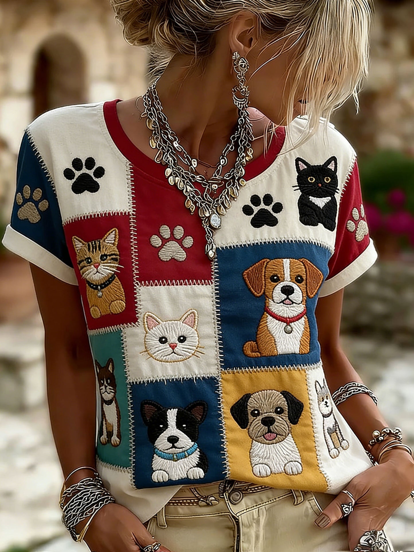 Women's Cat and Dog Print Casual T-Shirt