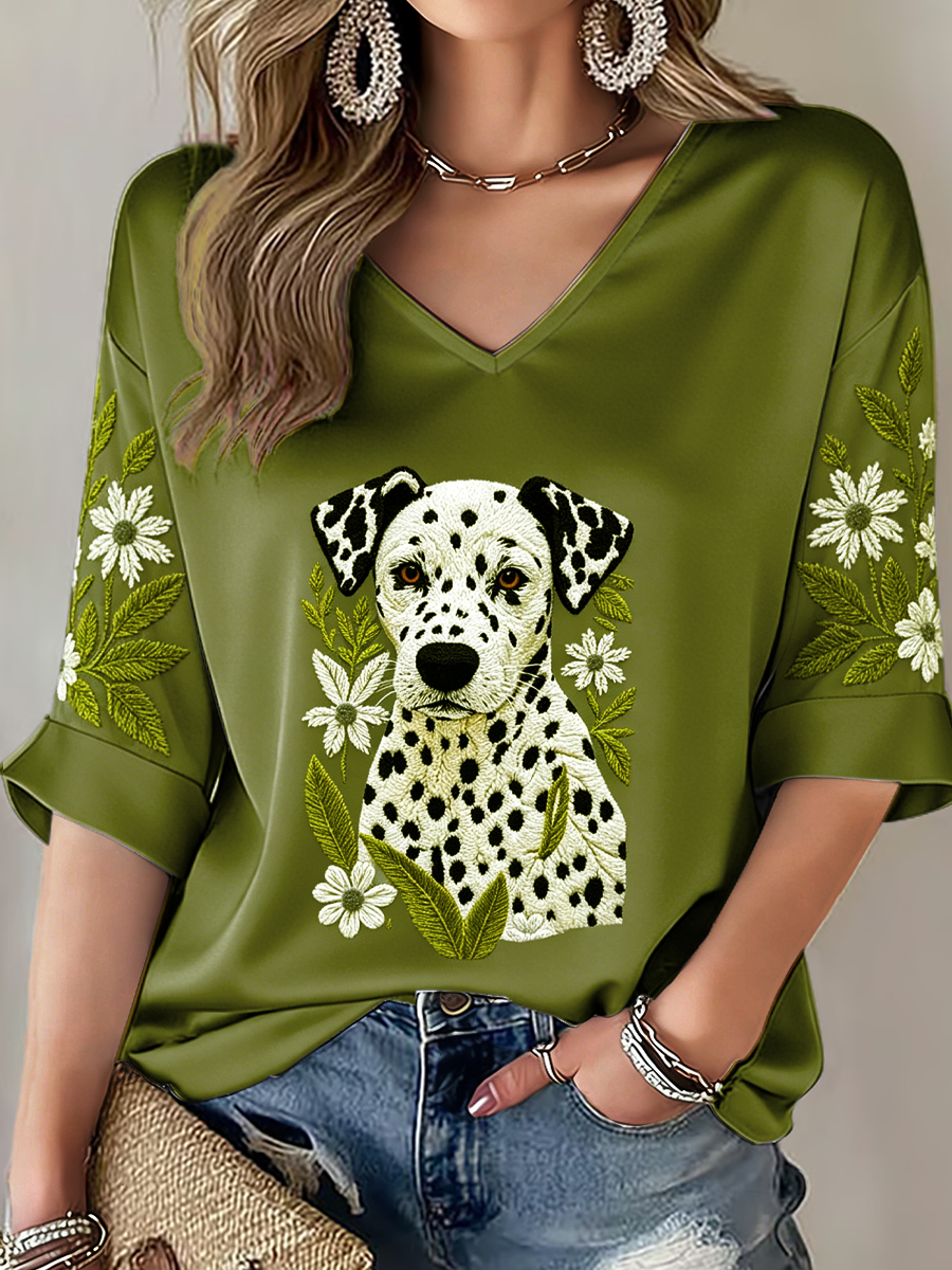 Women's Dog Print Mid-length Sleeves V-Neck T-Shirt