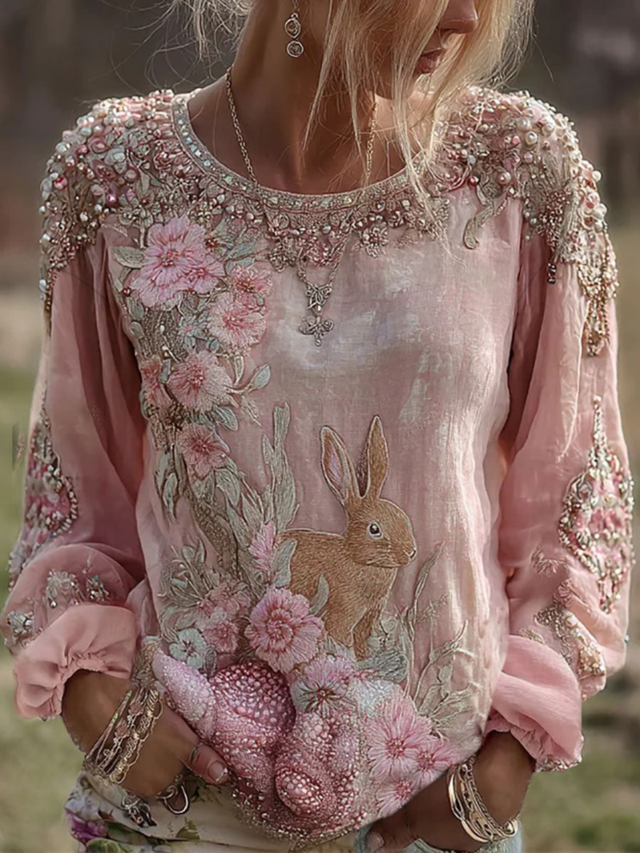 Women's Rabbit Floral Print Casual T-Shirt
