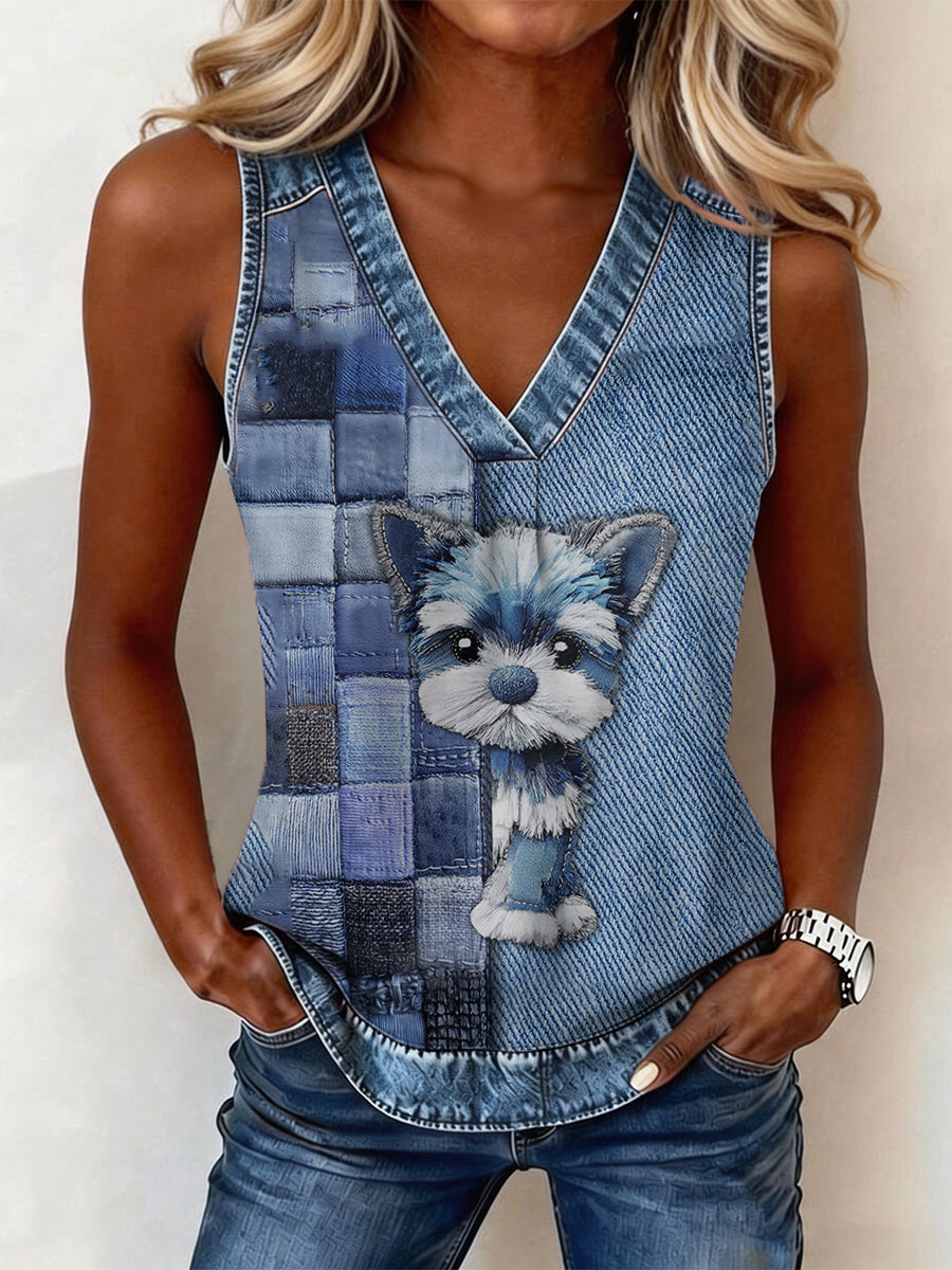 Women's Animal Denim V-Neck Vest