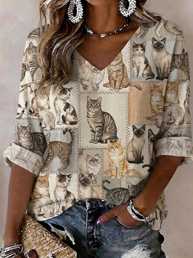 Women's Cat Printed Mid-length Sleeves V-Neck T-Shirt
