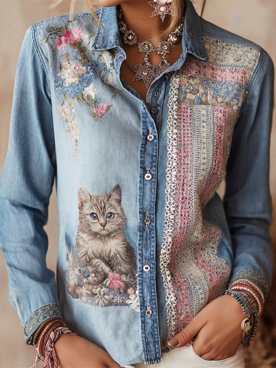 Women's Paw Print Floral Patchwork Shirts