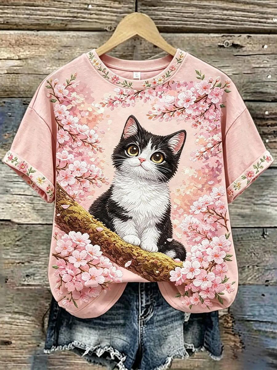 Women's Cute Flower Cat Short Sleeve T-shirt