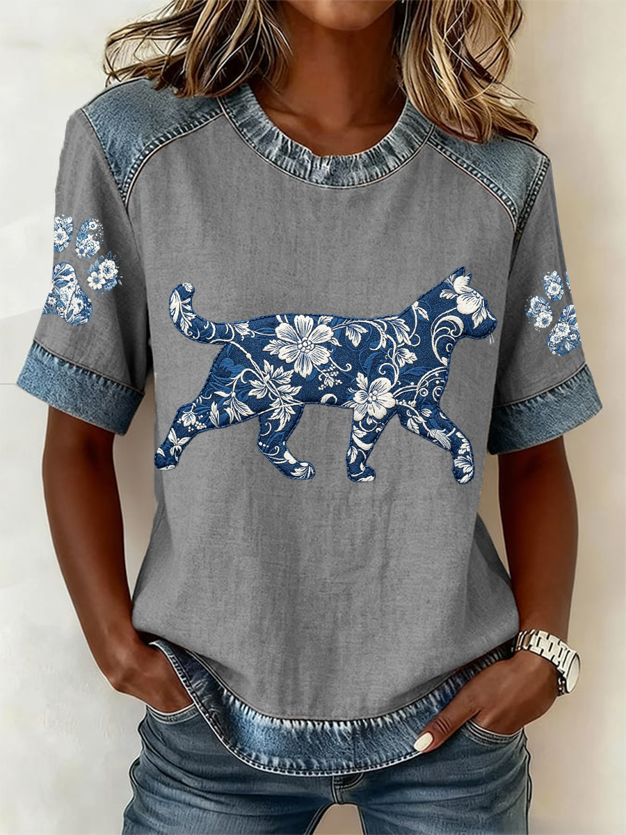 Women's Cat and Floral Print Casual Short Sleeved T-Shirt