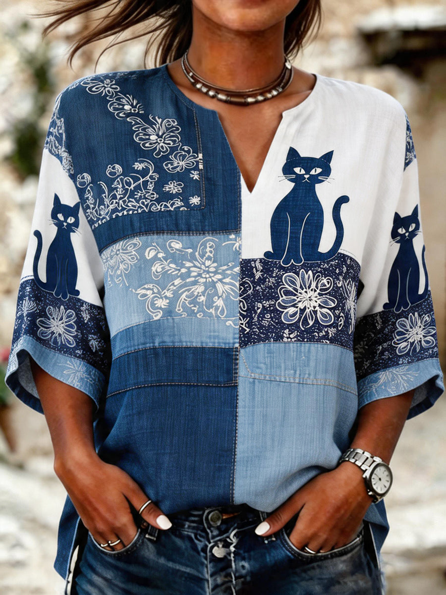 Women's Floral Cat Print Casual V-Neck Shirt