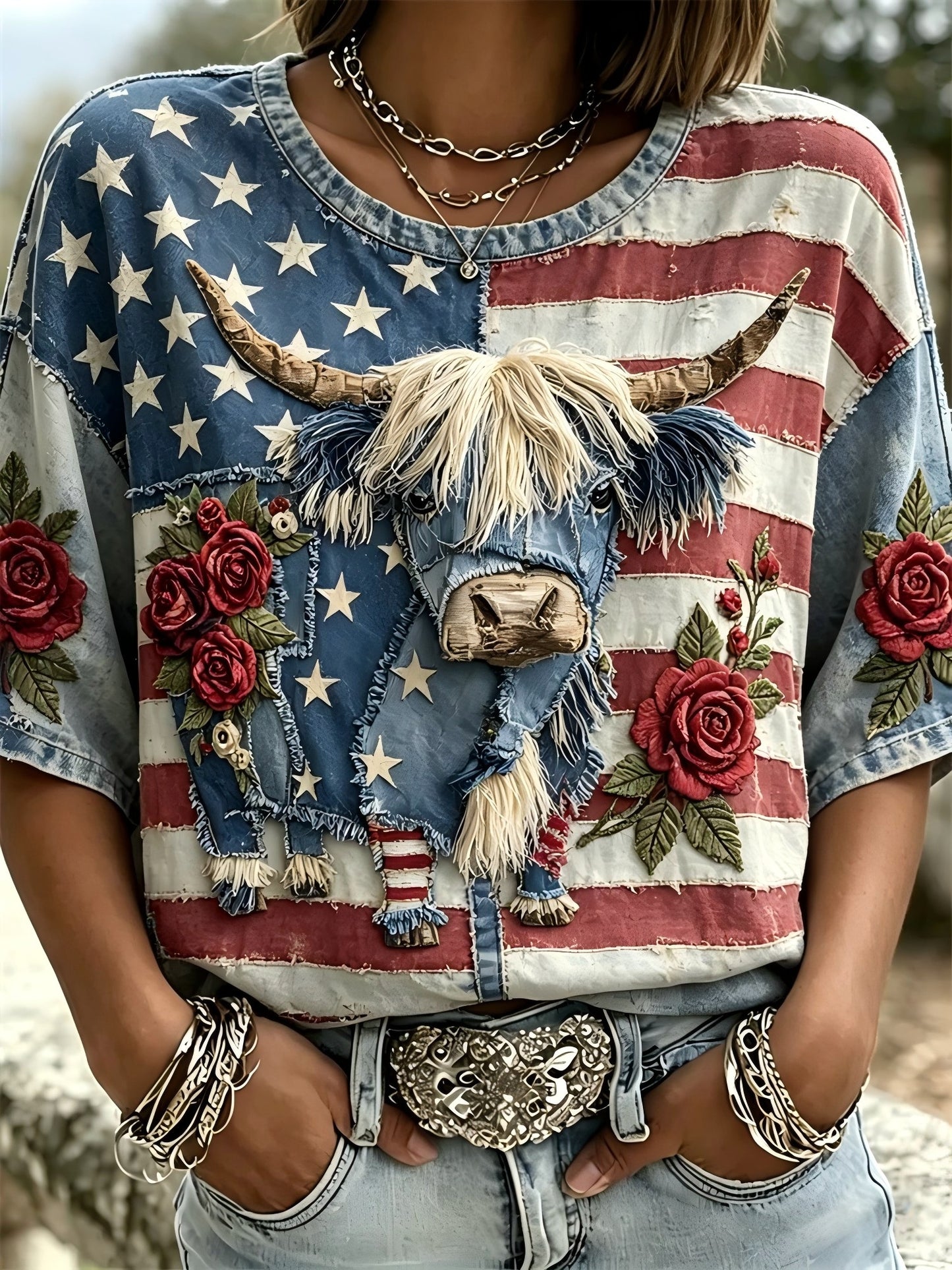 Women's Independence Day Animal Embroidery Print T-Shirt