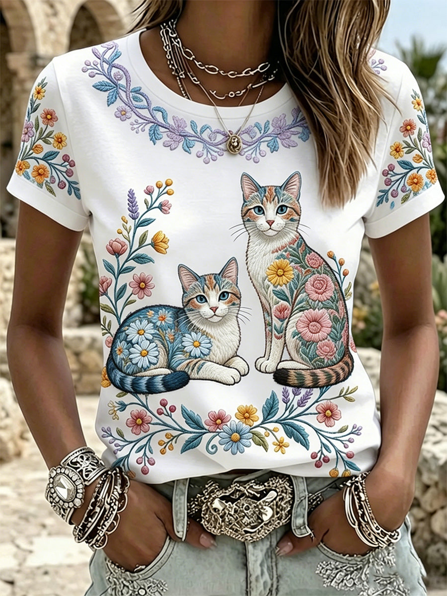 Women's Floral Cats Print Casual Tee