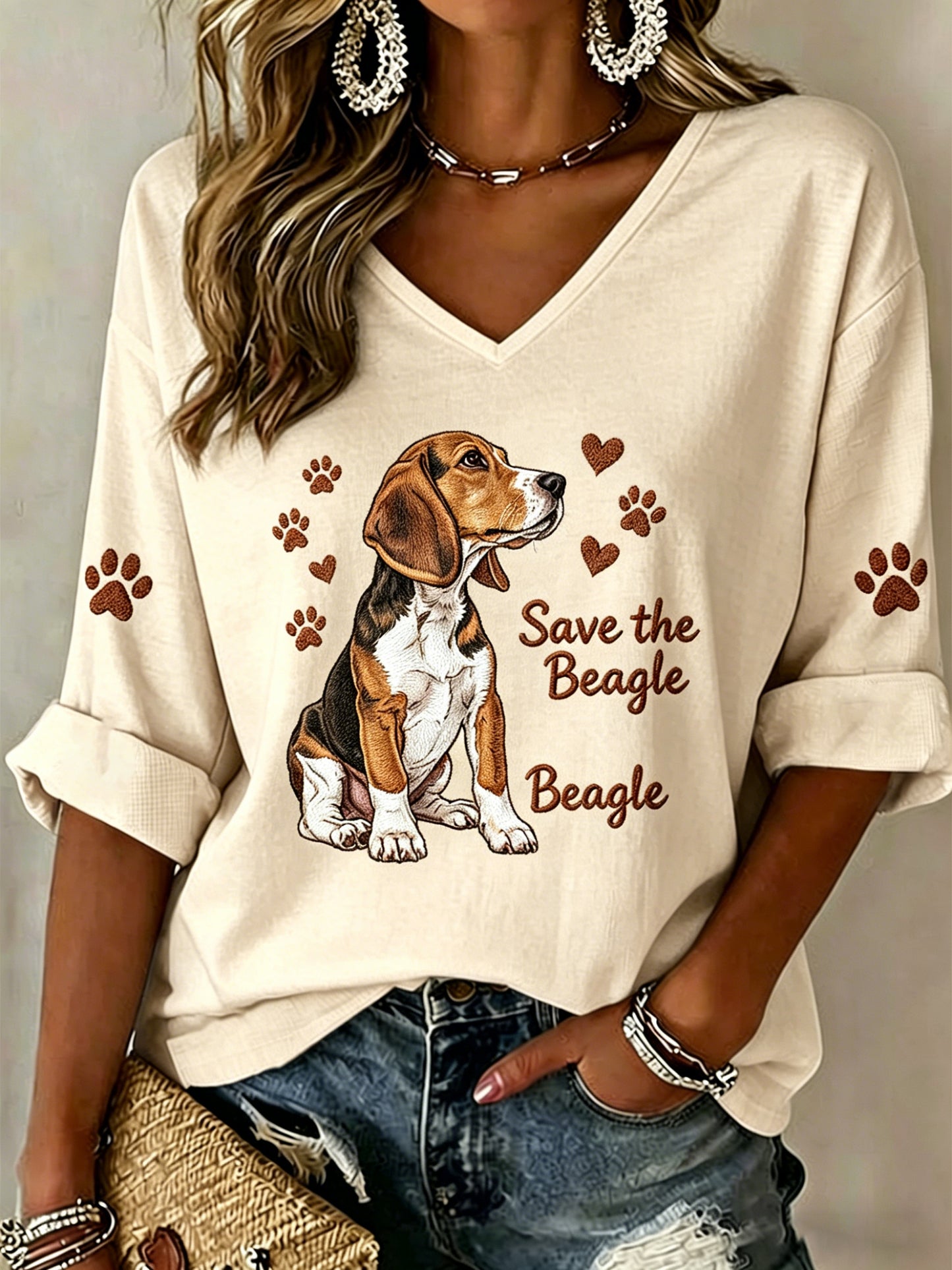 Women's Beagle Print V-Neck Top