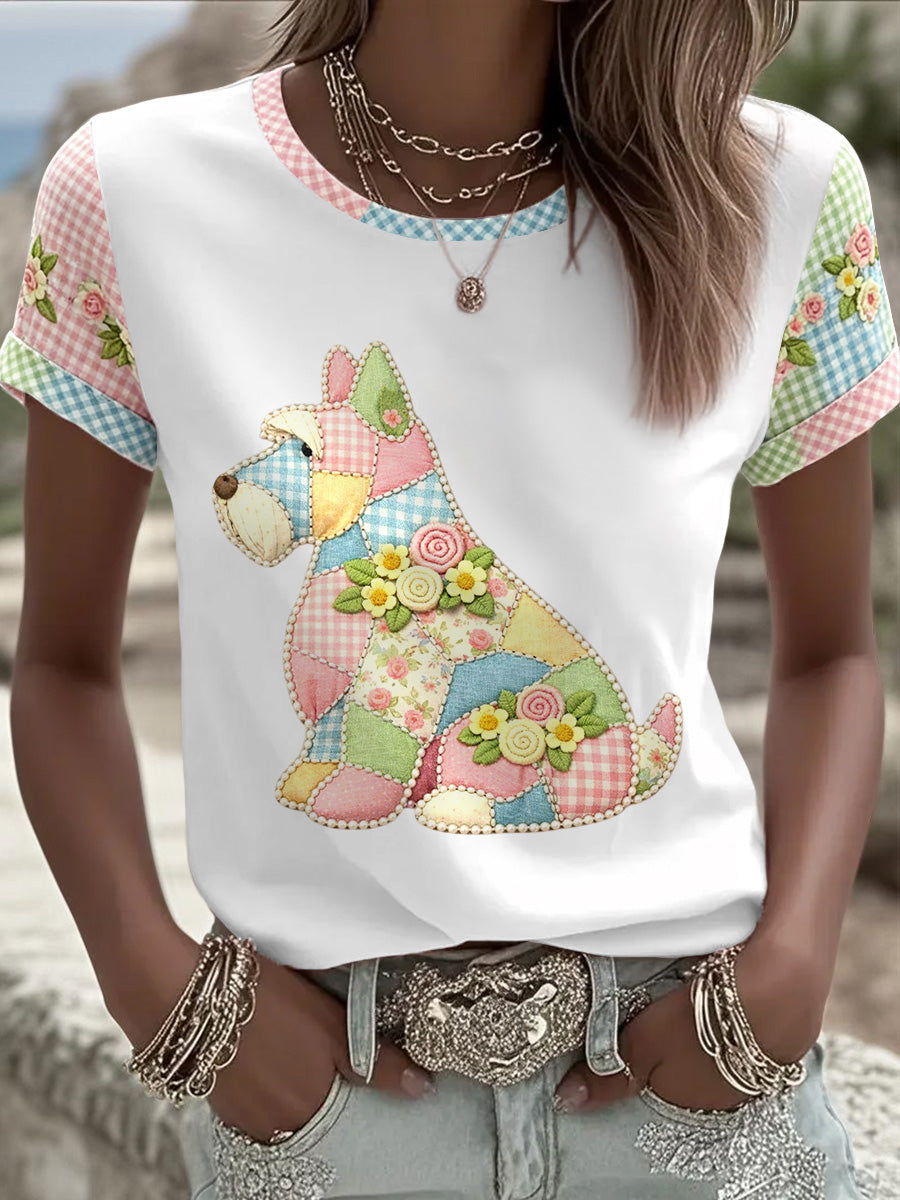 Women's Floral Dog Print Casual Tee