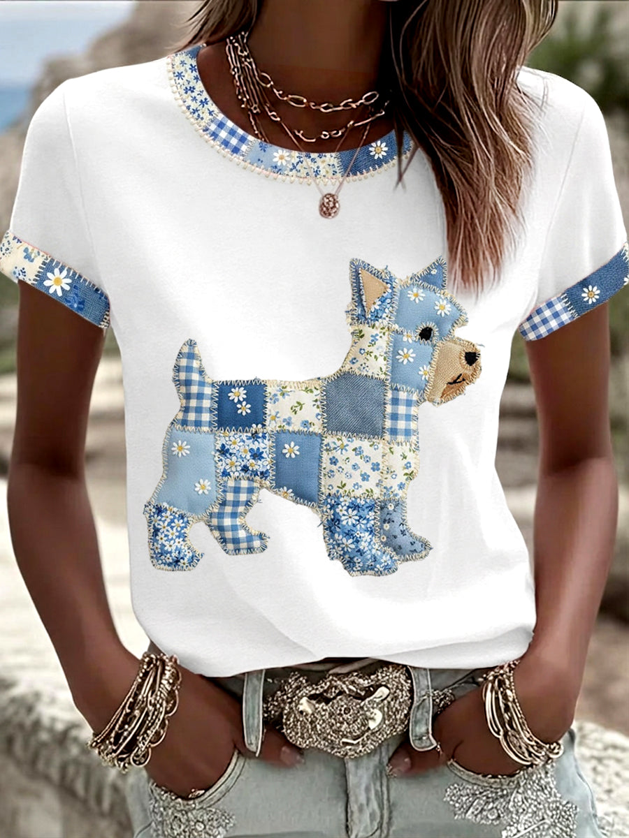Women's Cute Floral Dog Print Casual Tee