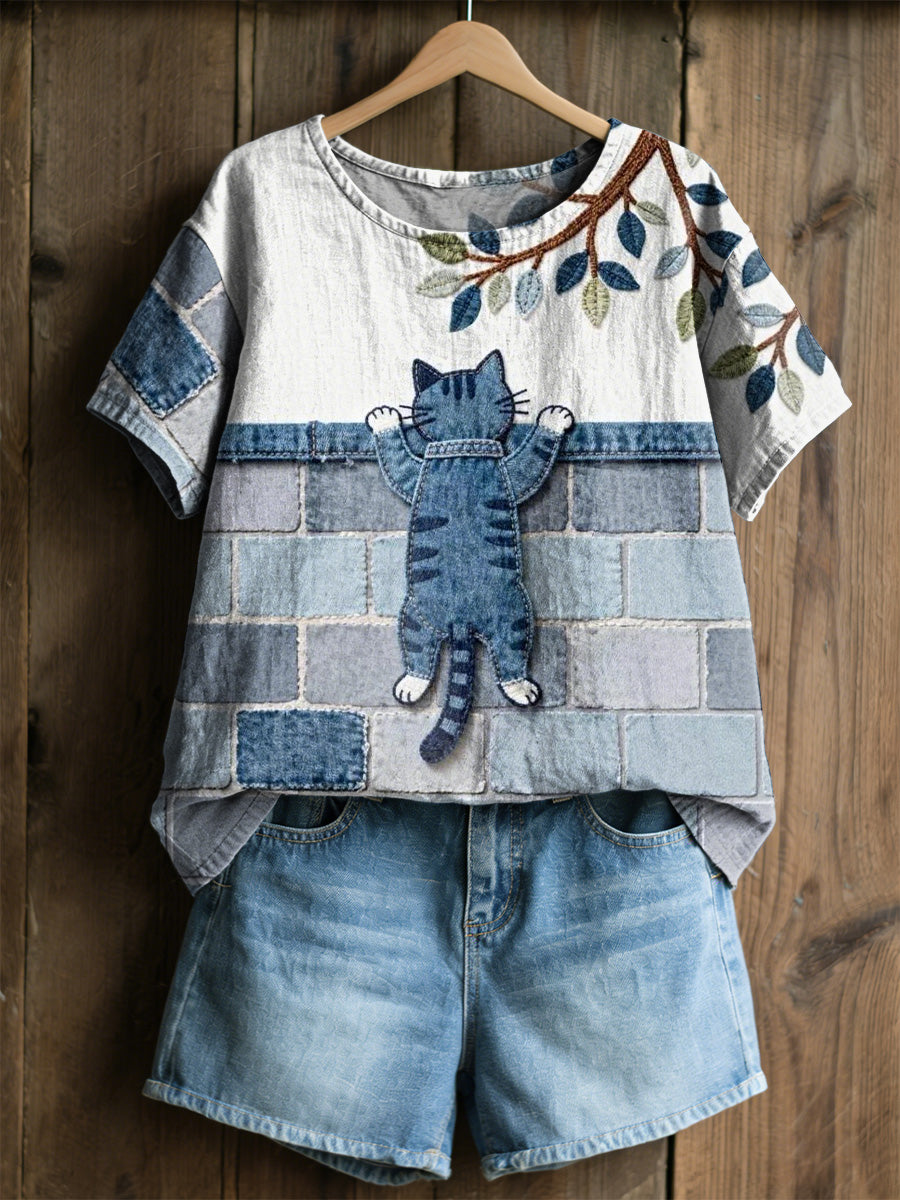 Women's Floral Cat Print Casual Tee