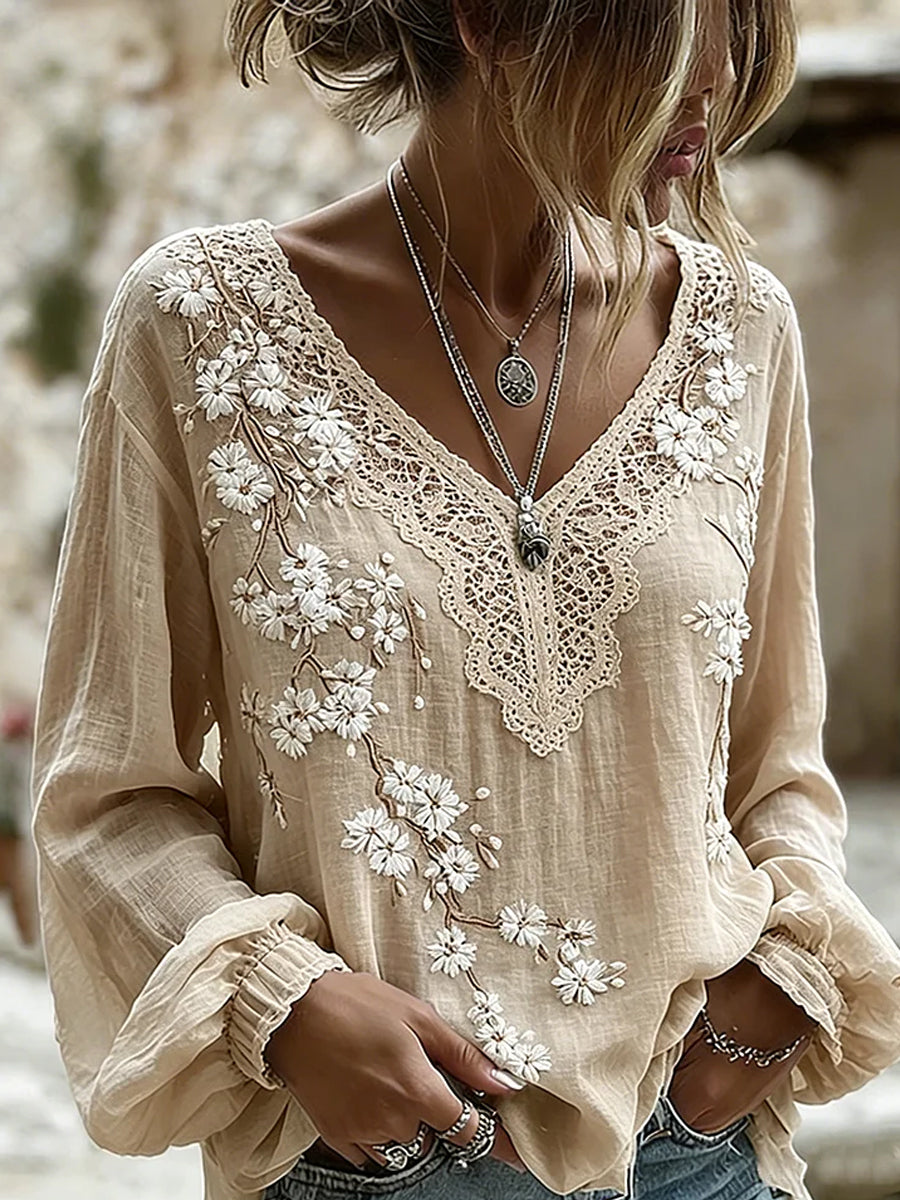 Women's Vintage-Style Casual Cotton-Linen Top with Embroidered Floral and Printed Patchwork