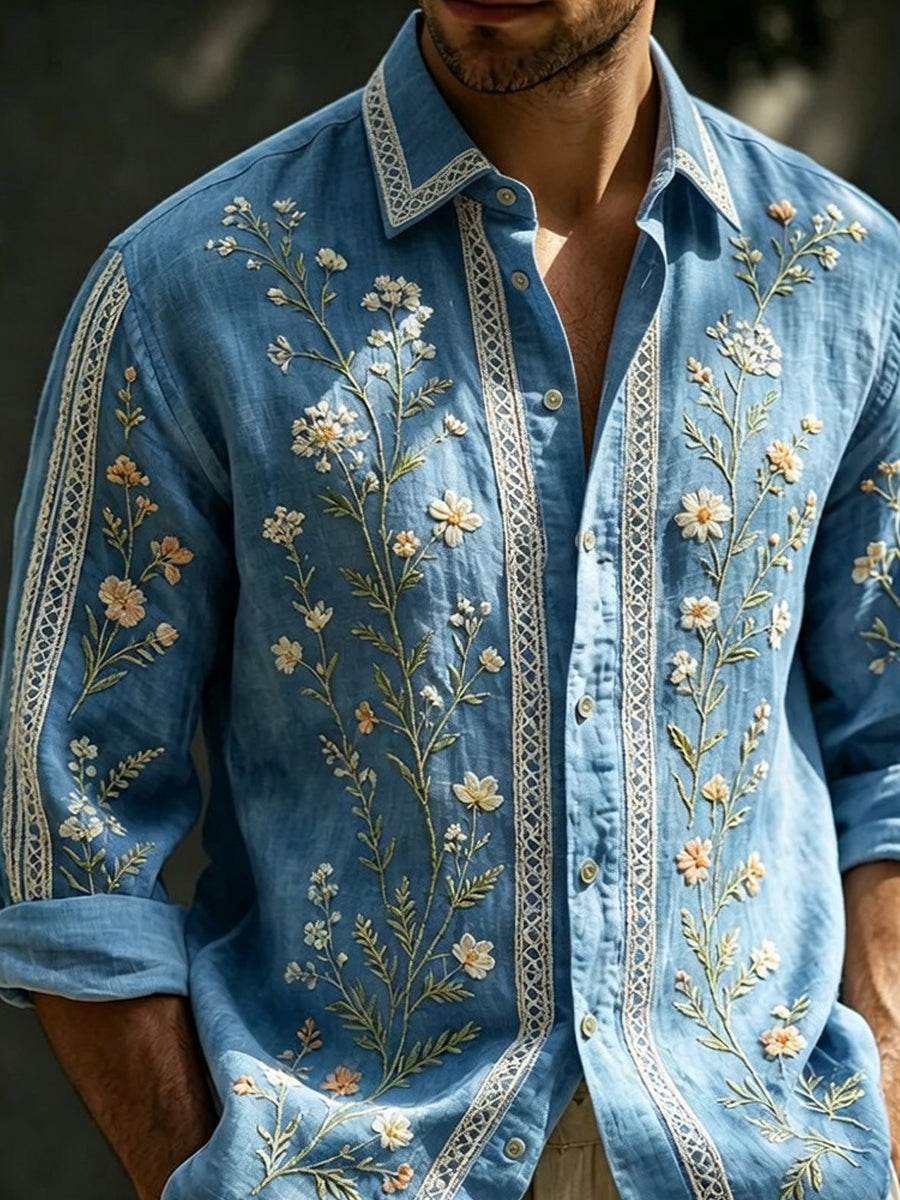 Men's Retro Abstract Art Print Casual Cotton-Linen Shirt