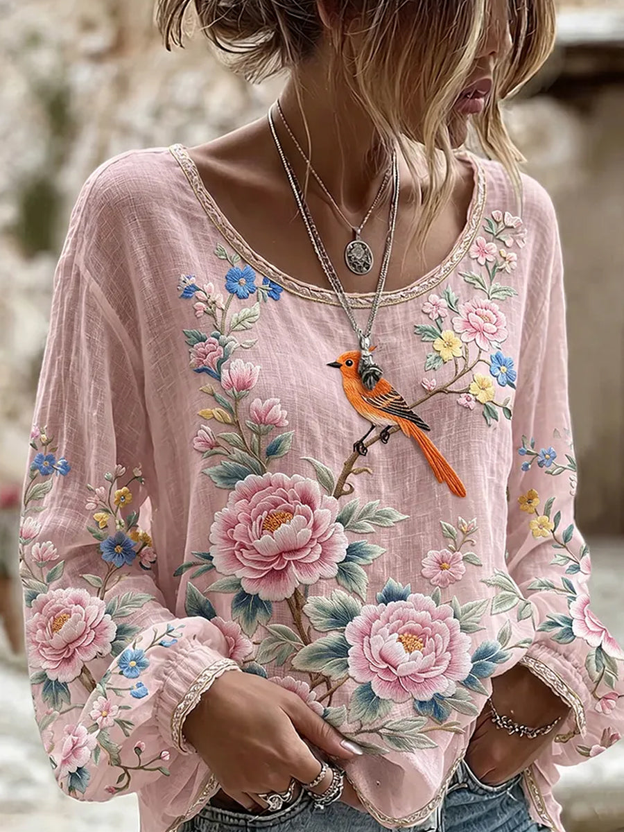 Women's Vintage Floral Art Print Casual Cotton-Linen Top