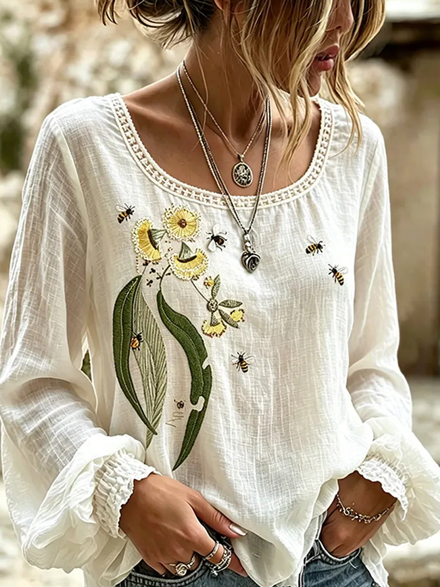 Women's Vintage Floral Art Print Casual Cotton-Linen Top