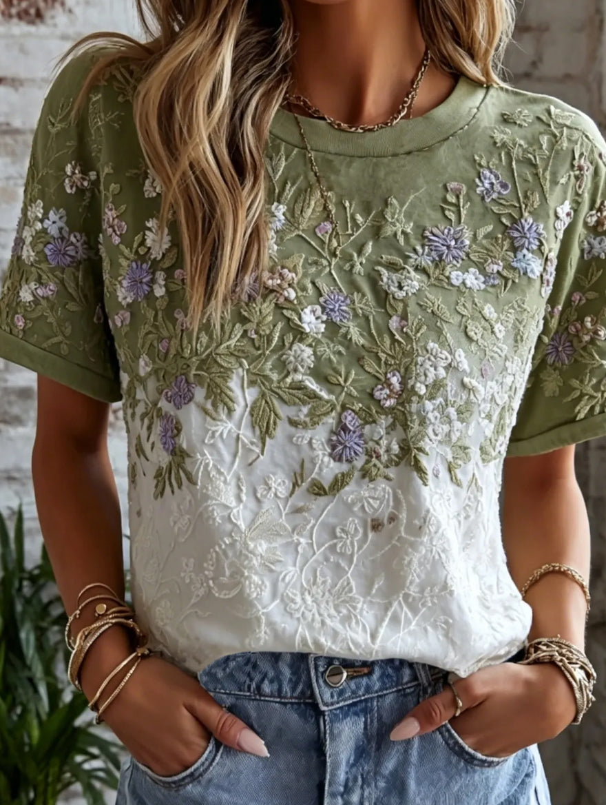 Women's Vintage Floral Art Print Casual Cotton-Linen Top