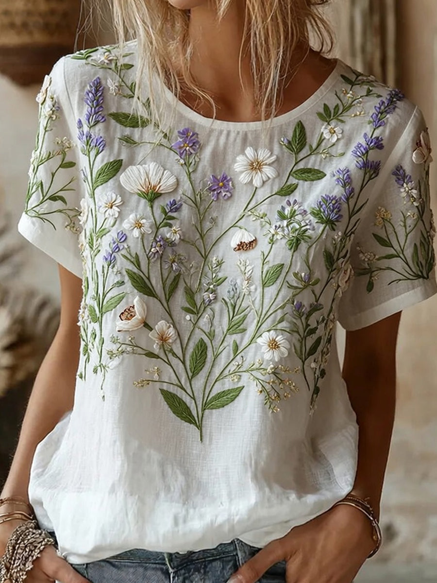 Women's Retro Floral Art Print Casual Cotton Linen Top