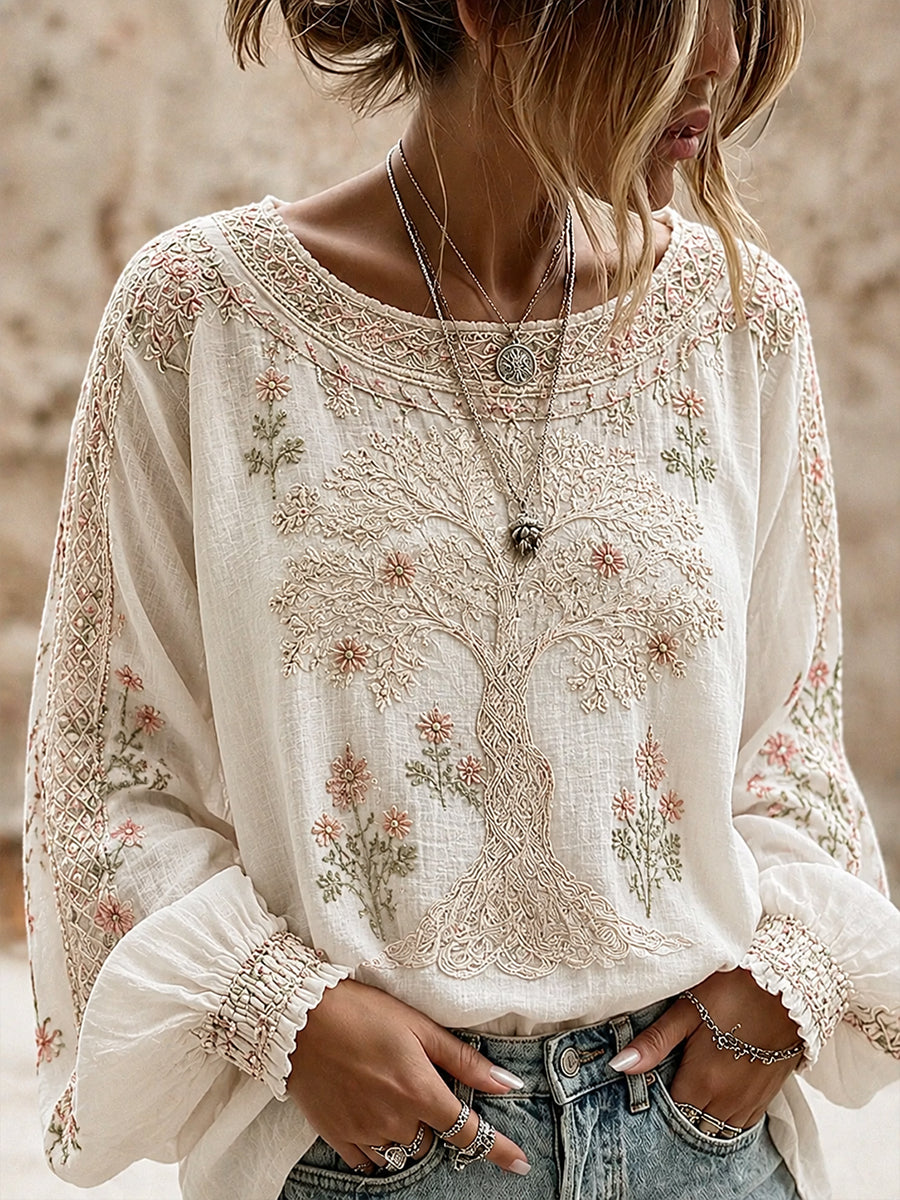 Women's Vintage Floral Art Print Casual Cotton-Linen Top