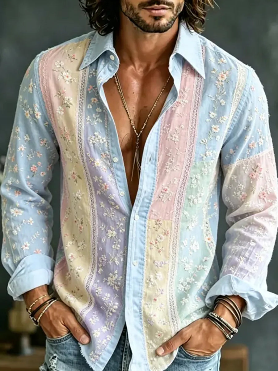 Men's Retro Abstract Art Print Casual Cotton-Linen Shirt