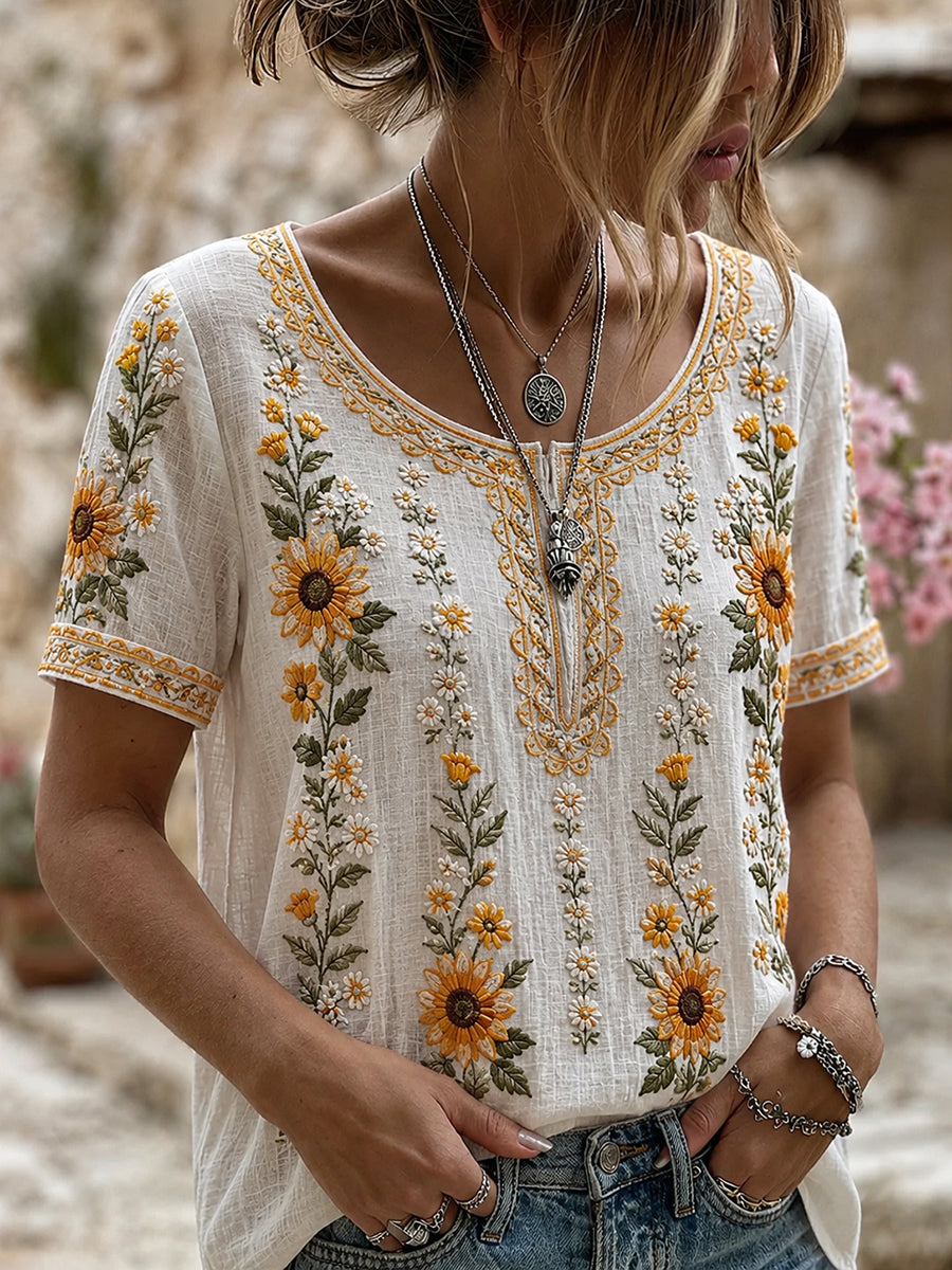 Women's Vintage Floral Art Print Casual Cotton-Linen Top