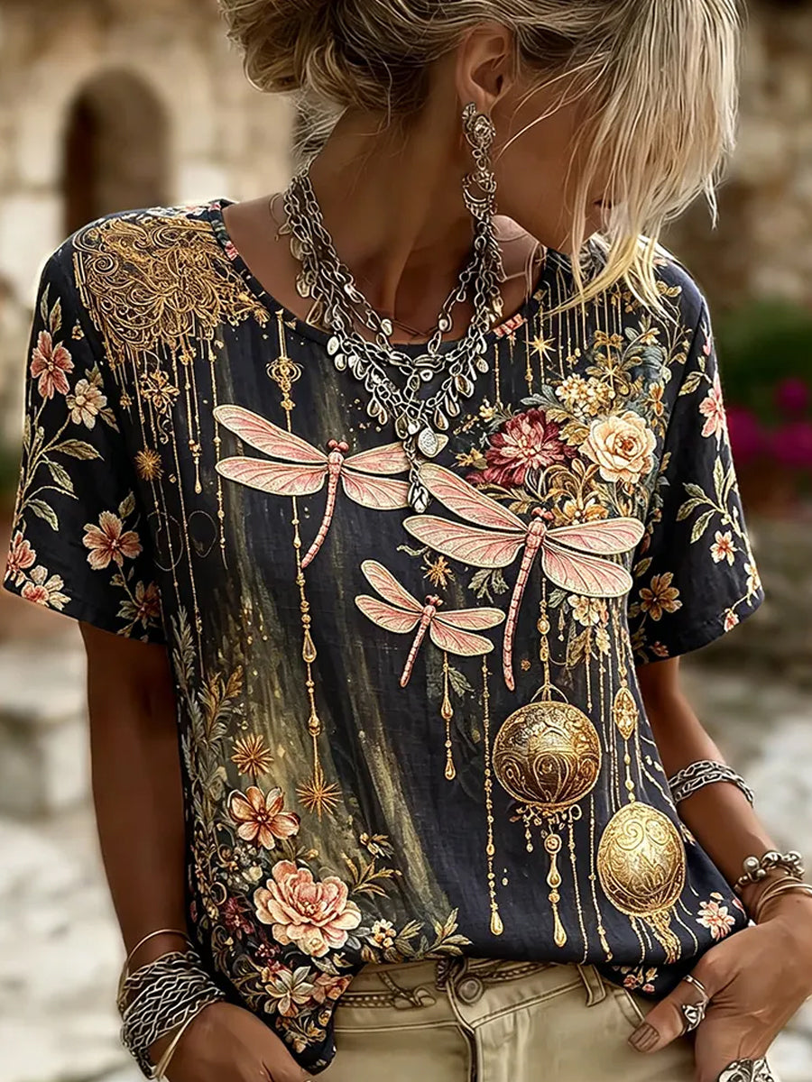 Women's Retro Floral Art Print Casual Cotton Linen Top