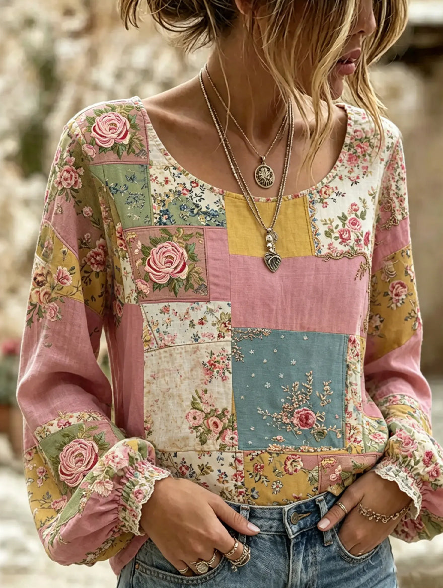 Women's Vintage Floral Art Print Casual Cotton-Linen Top