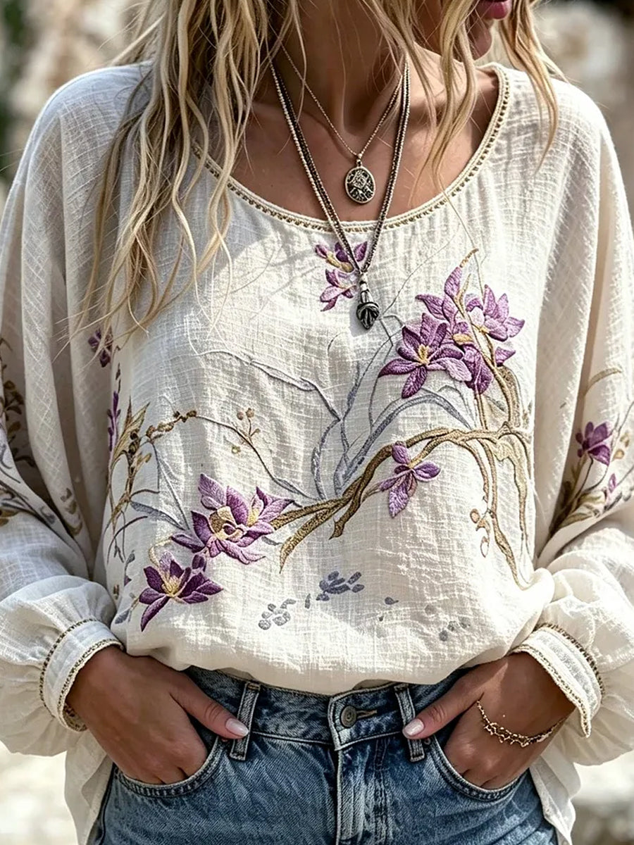Women's Vintage Floral Art Print Casual Cotton-Linen Top