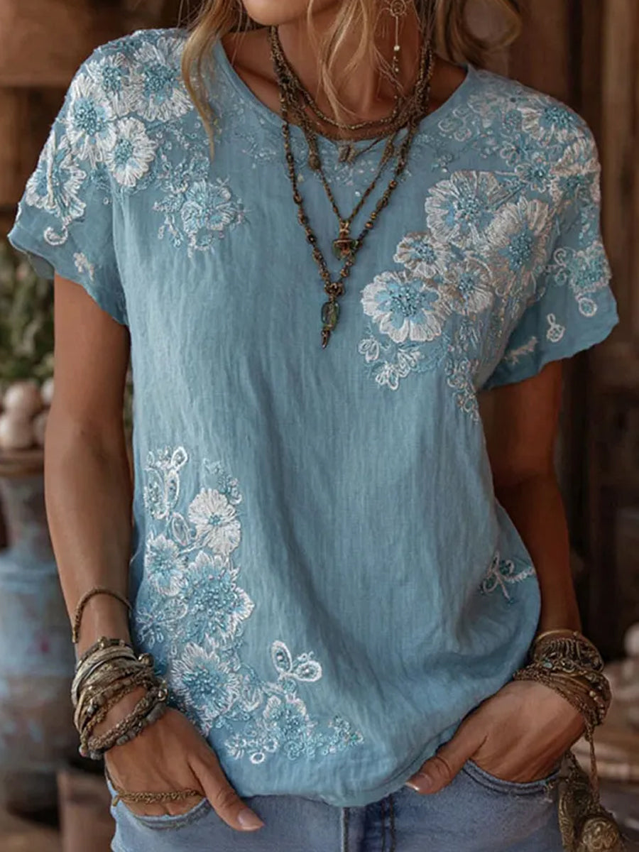 Women's Retro Floral Art Print Casual Cotton Linen Top