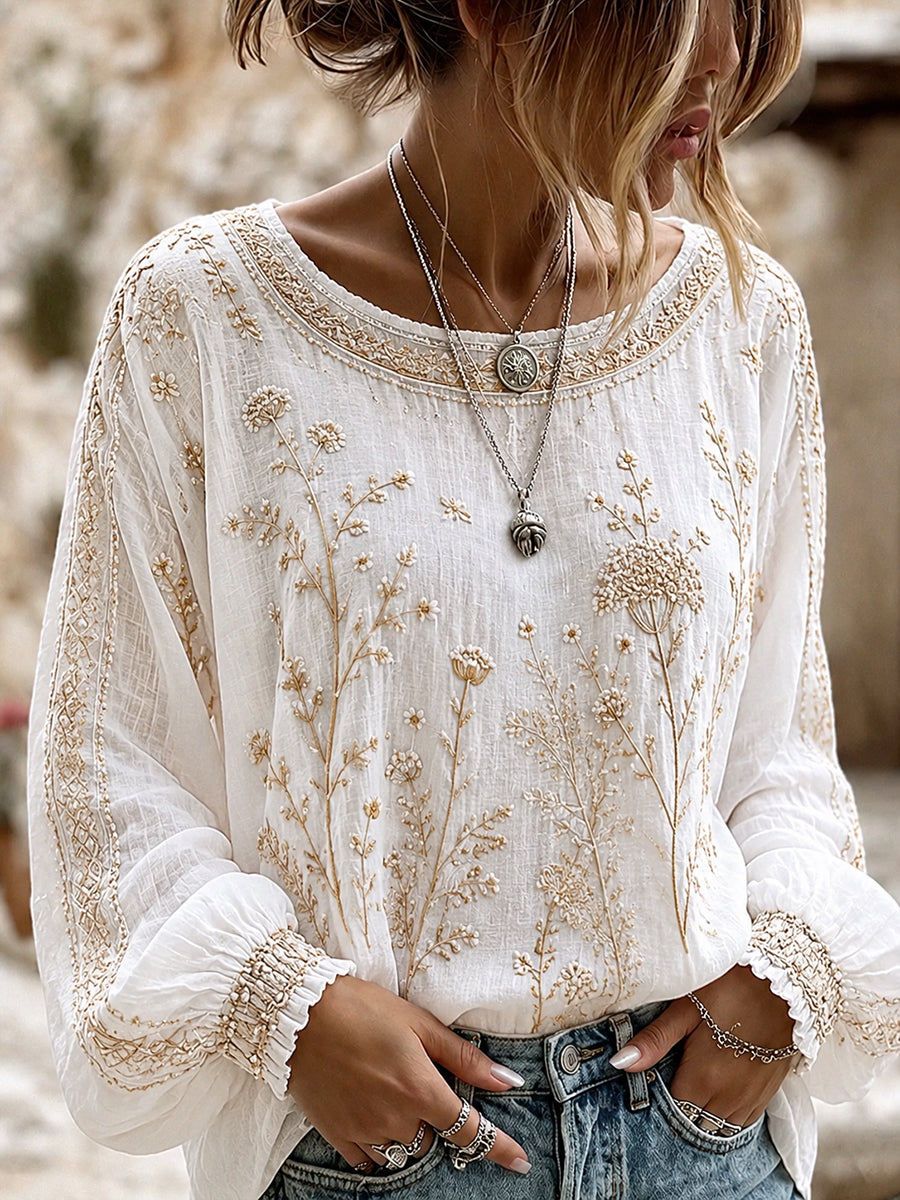 Women's Vintage Floral Art Print Casual Cotton-Linen Top