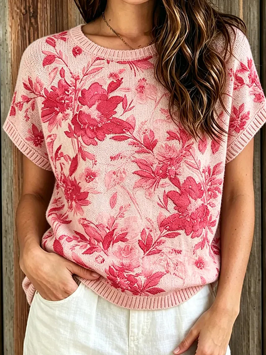 Women's Retro Floral Art Print Casual Cotton Linen Top