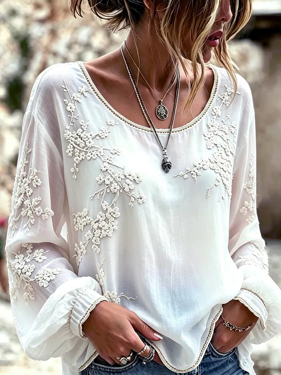 Women's Vintage Floral Art Print Casual Cotton-Linen Top