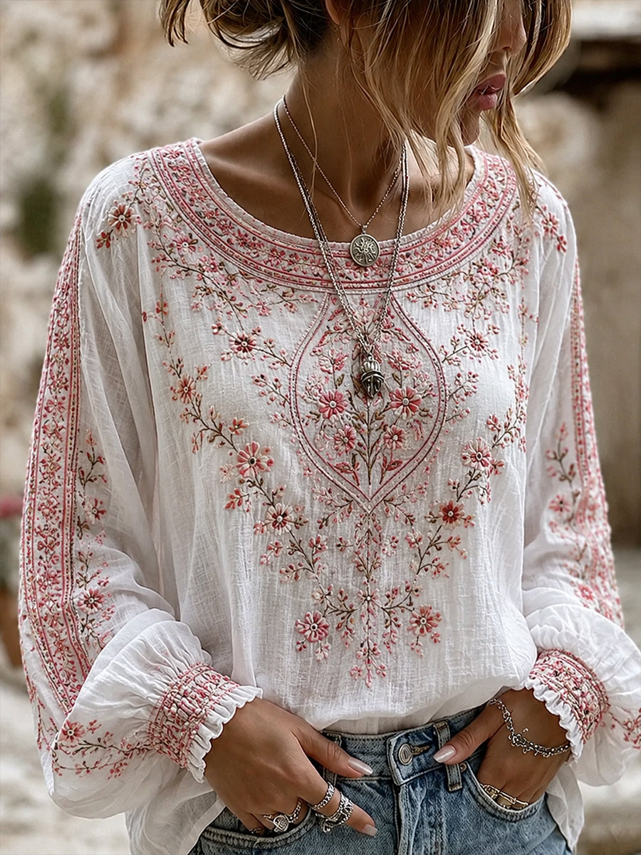 Women's Vintage Floral Art Print Casual Cotton-Linen Top