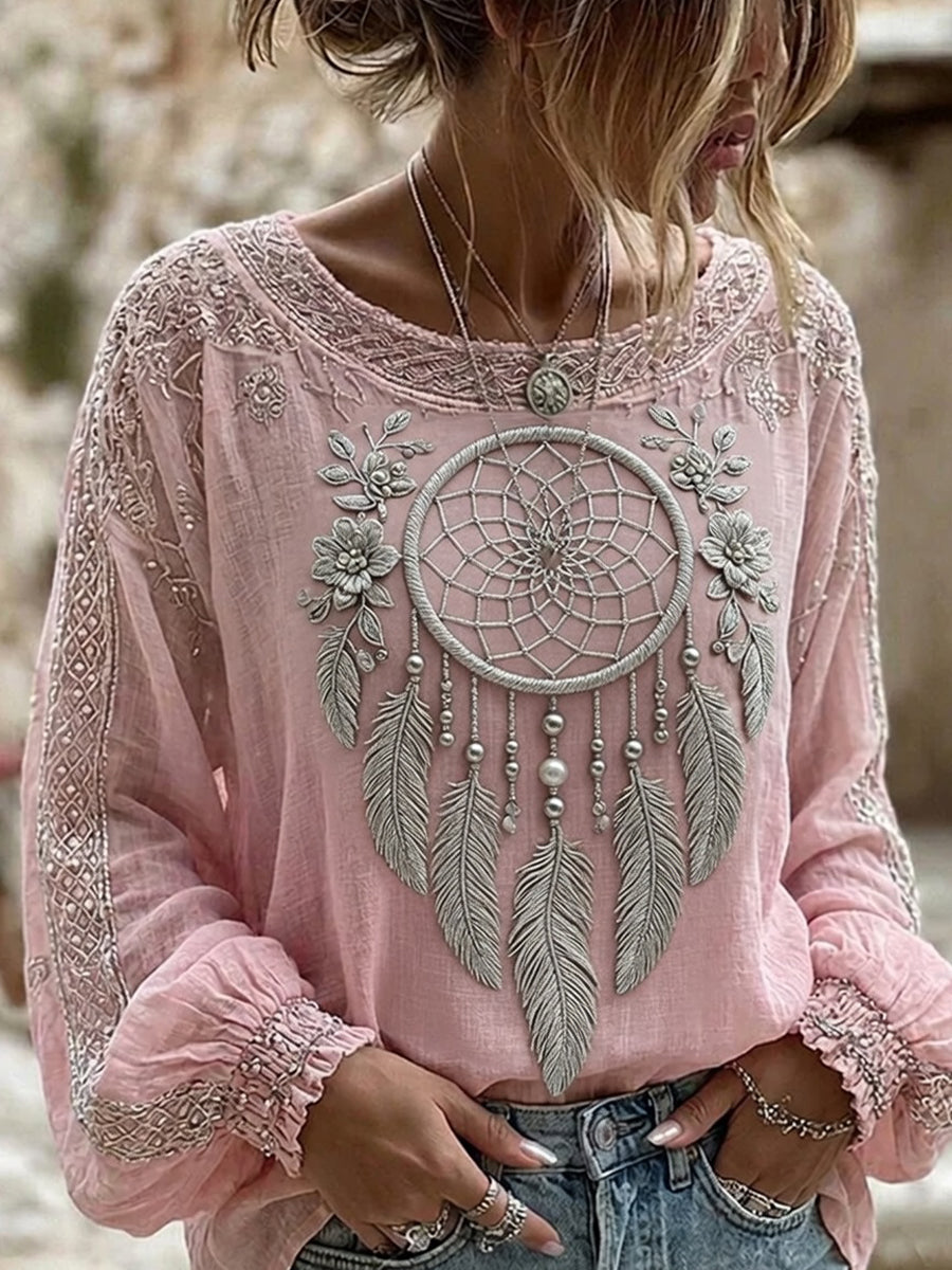 Women's Vintage Floral Art Print Casual Cotton-Linen Top