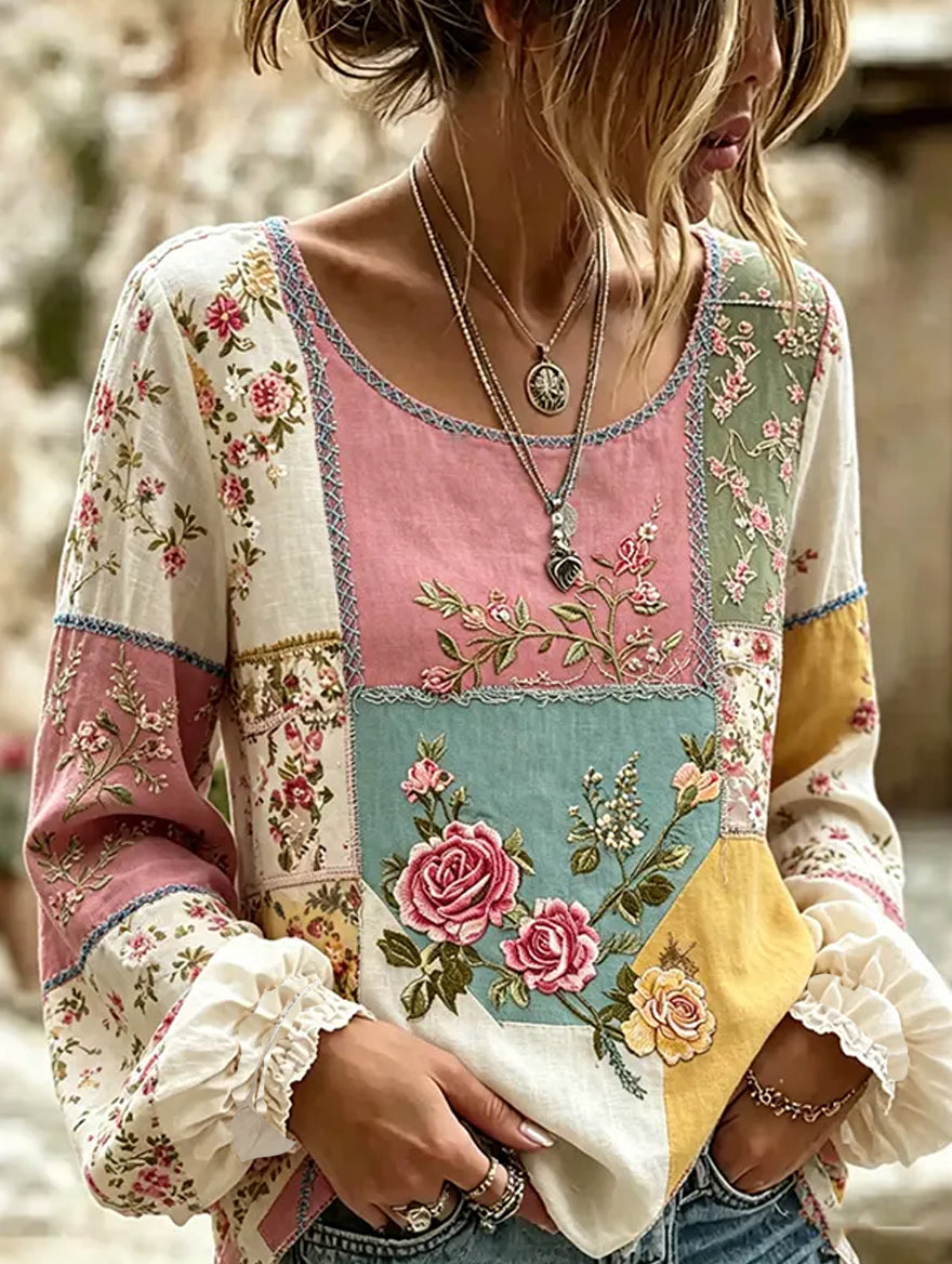Women's Vintage Floral Art Print Casual Cotton-Linen Top
