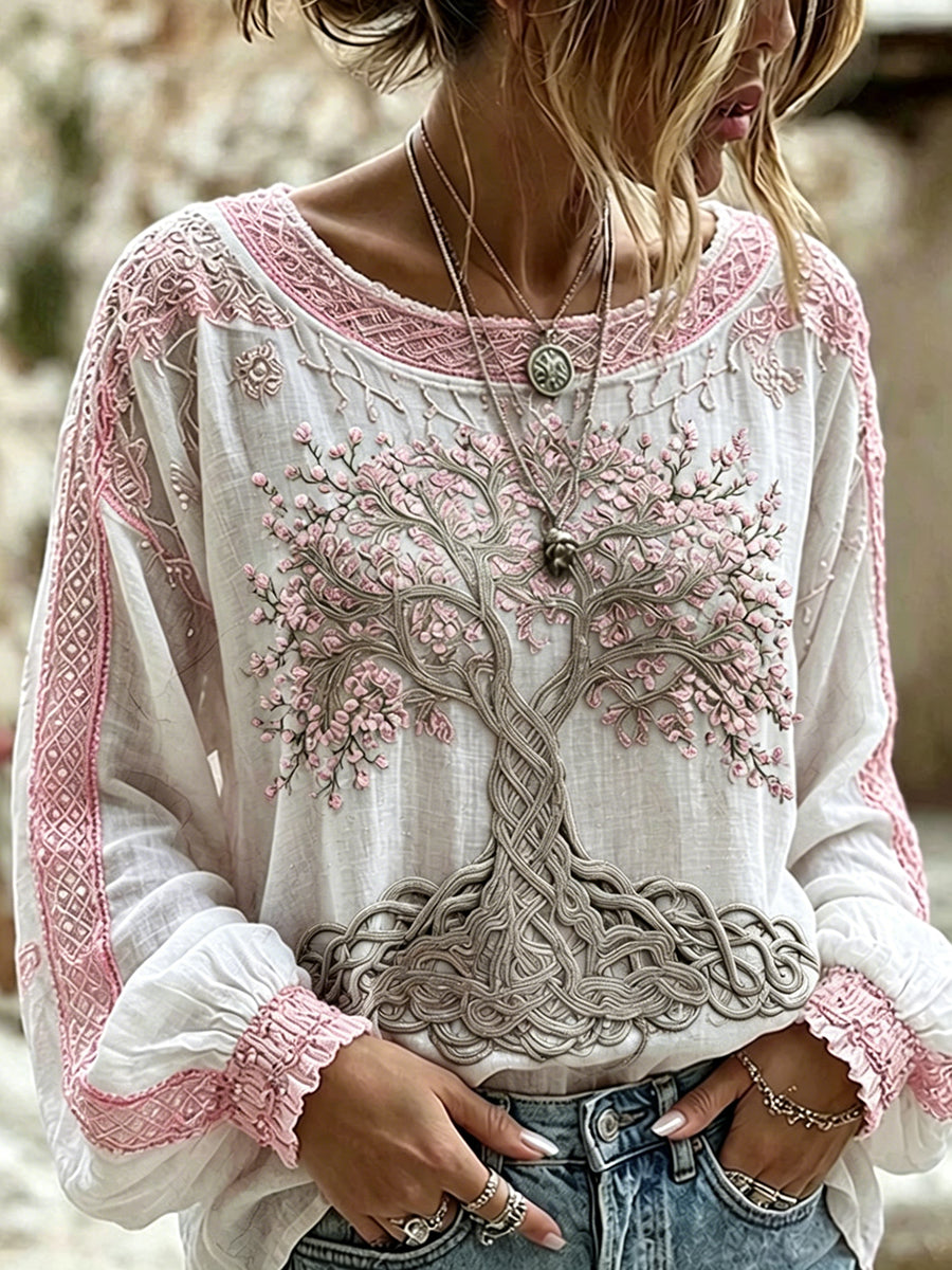 Women's Vintage Floral Art Print Casual Cotton-Linen Top
