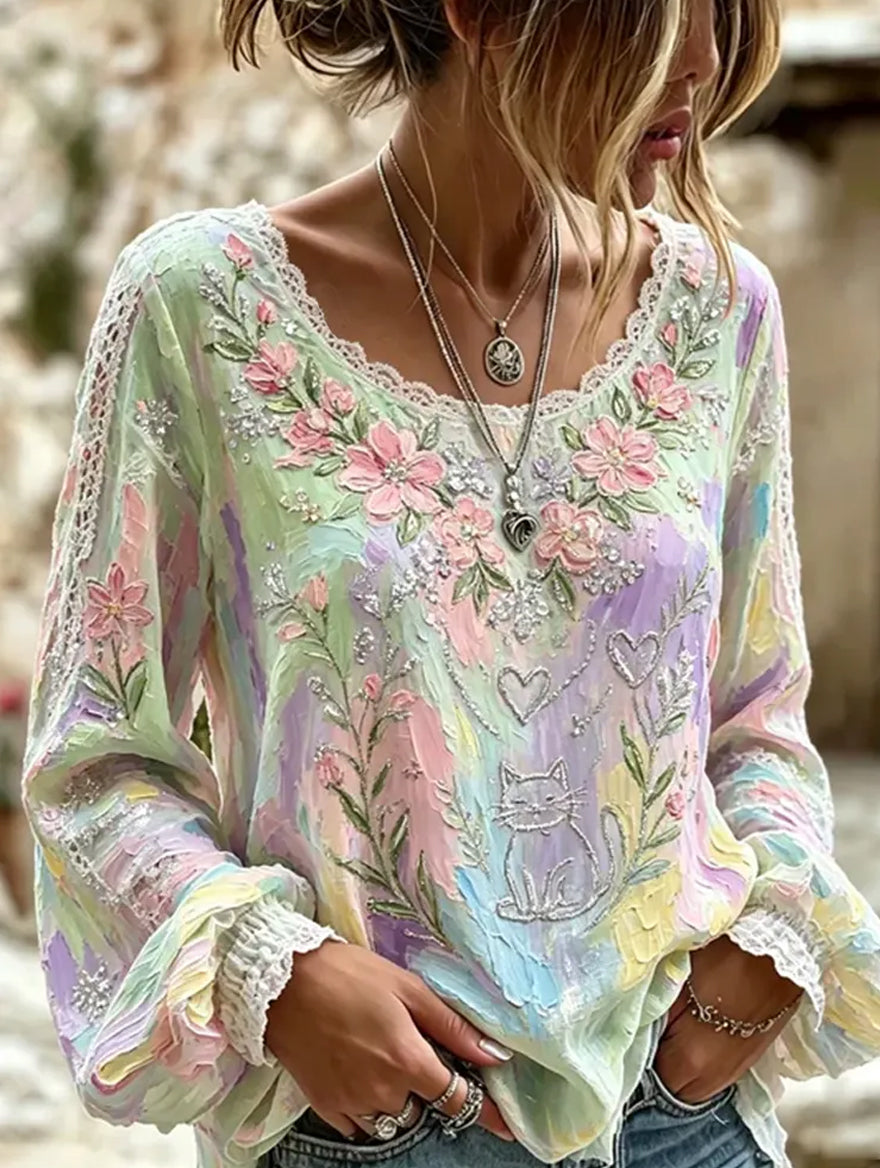 Women's Vintage Floral Art Print Casual Cotton-Linen Top