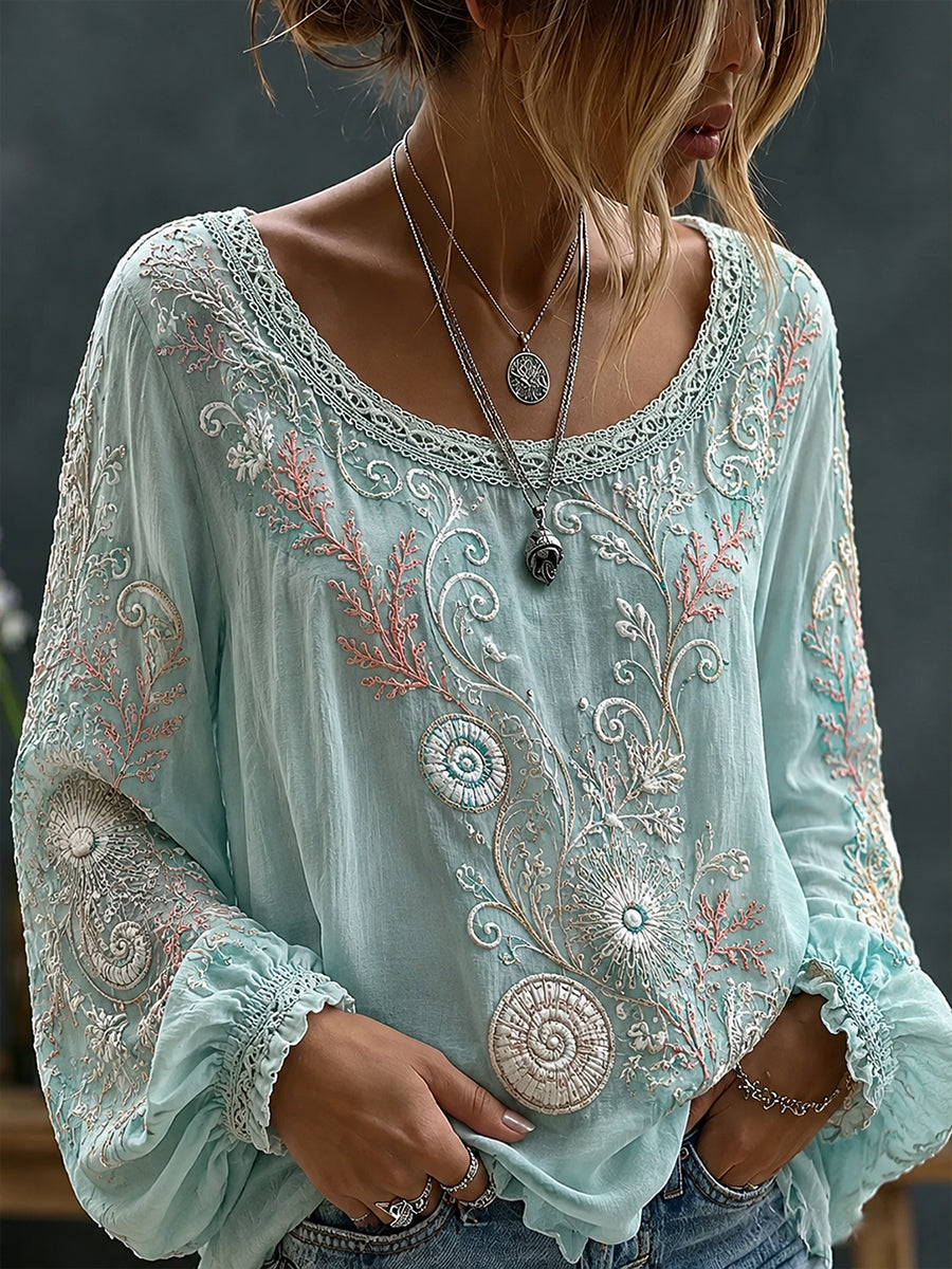 Women's Vintage Floral Art Print Casual Cotton-Linen Top