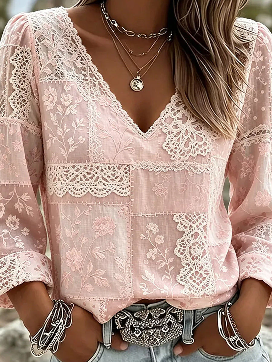 Women's Vintage Floral Art Print Casual Cotton-Linen Top