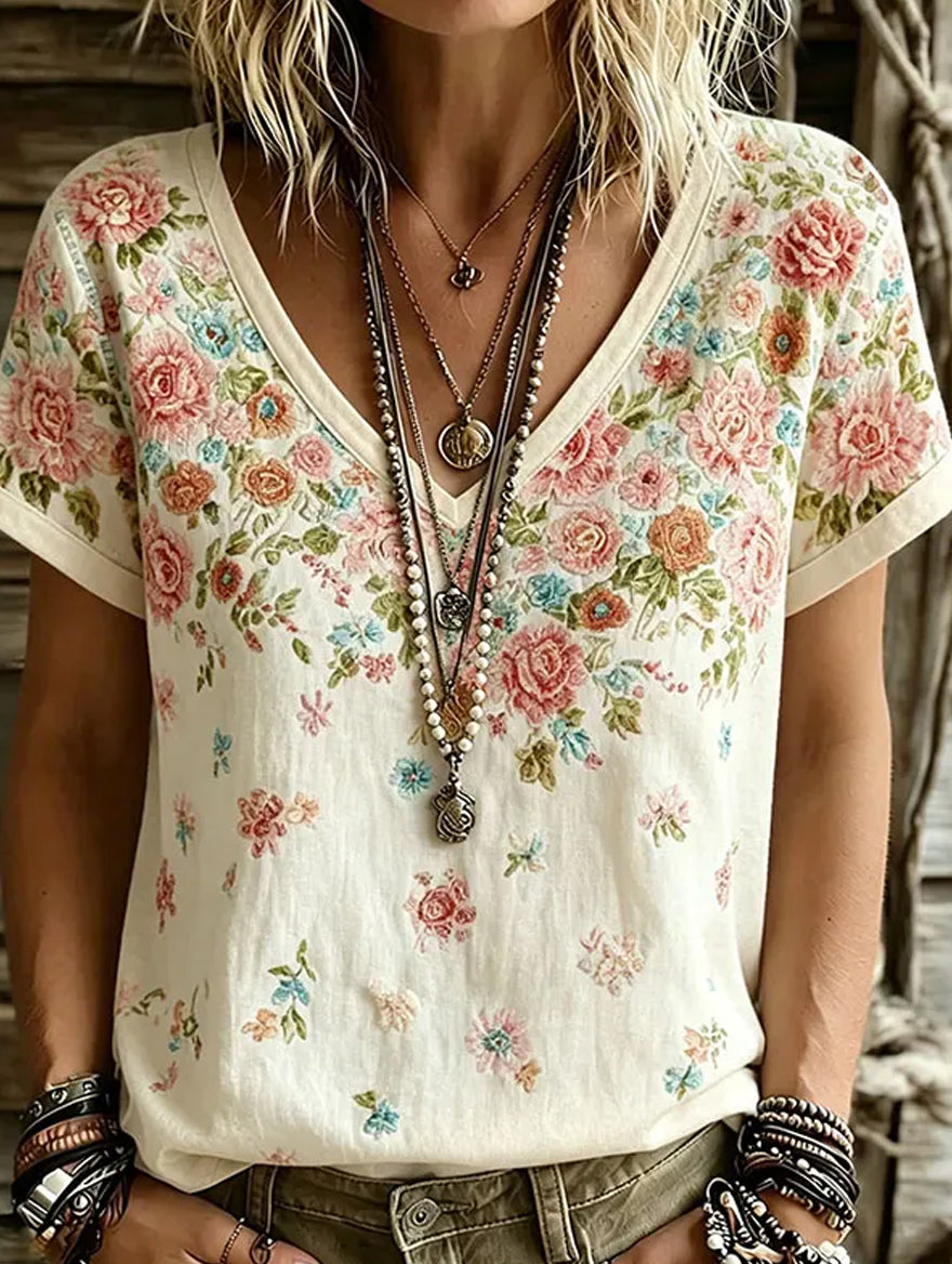 Women's Vintage Floral Art Print Casual Cotton-Linen Top