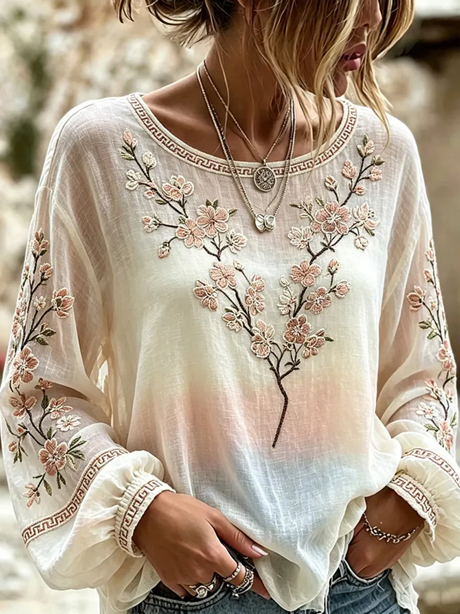 Women's Vintage Floral Art Print Casual Cotton-Linen Top