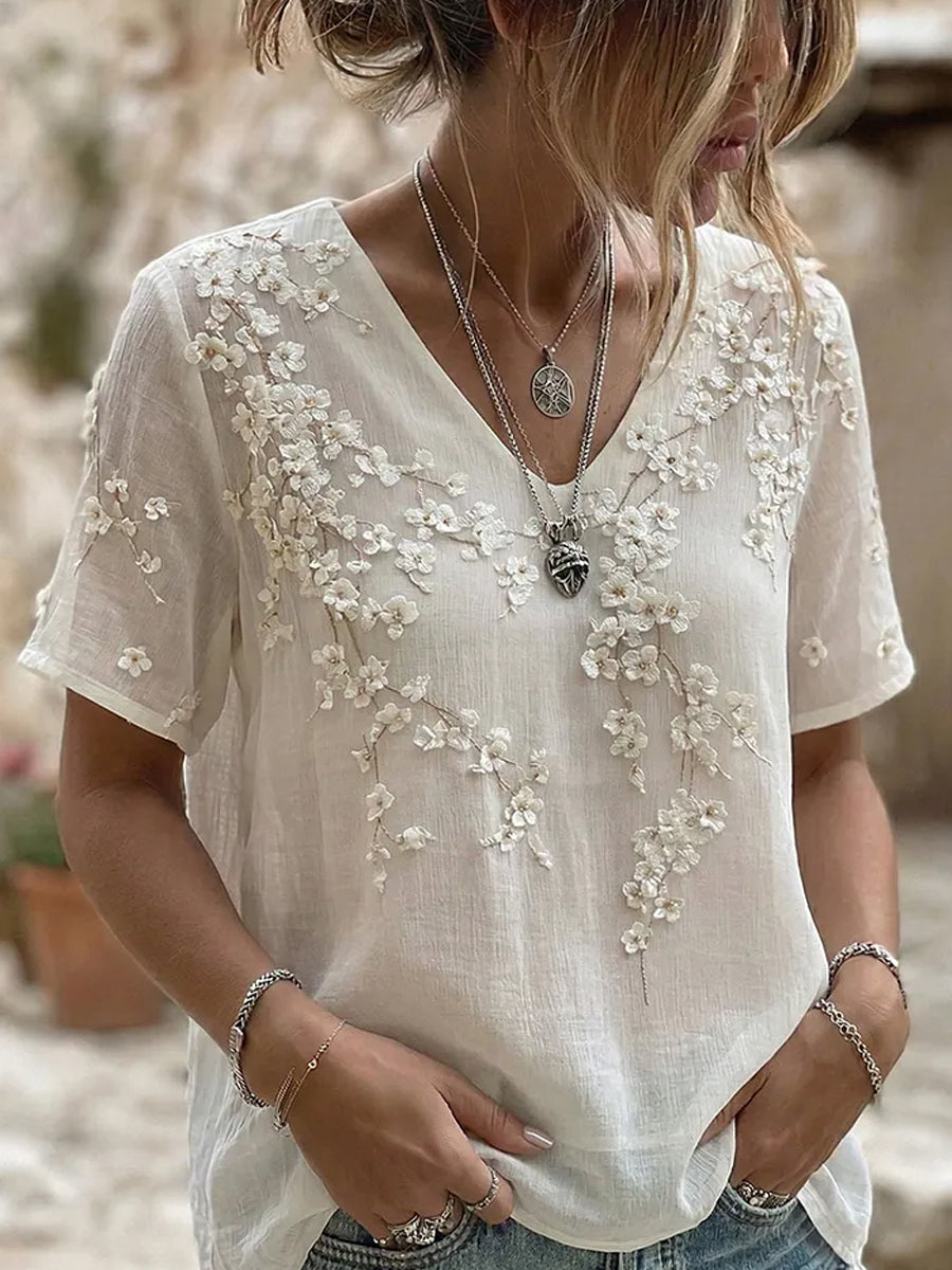 Women's Retro Embroidered Floral Art Print Casual Comfort T-shirt