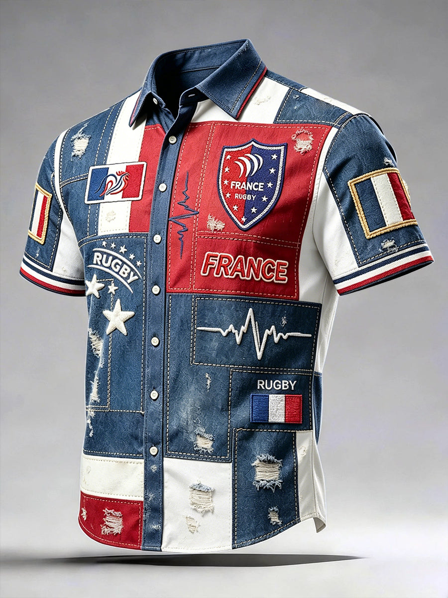 Men's Vintage French Rugby Patchwork Print Casual Short-Sleeved Shirt