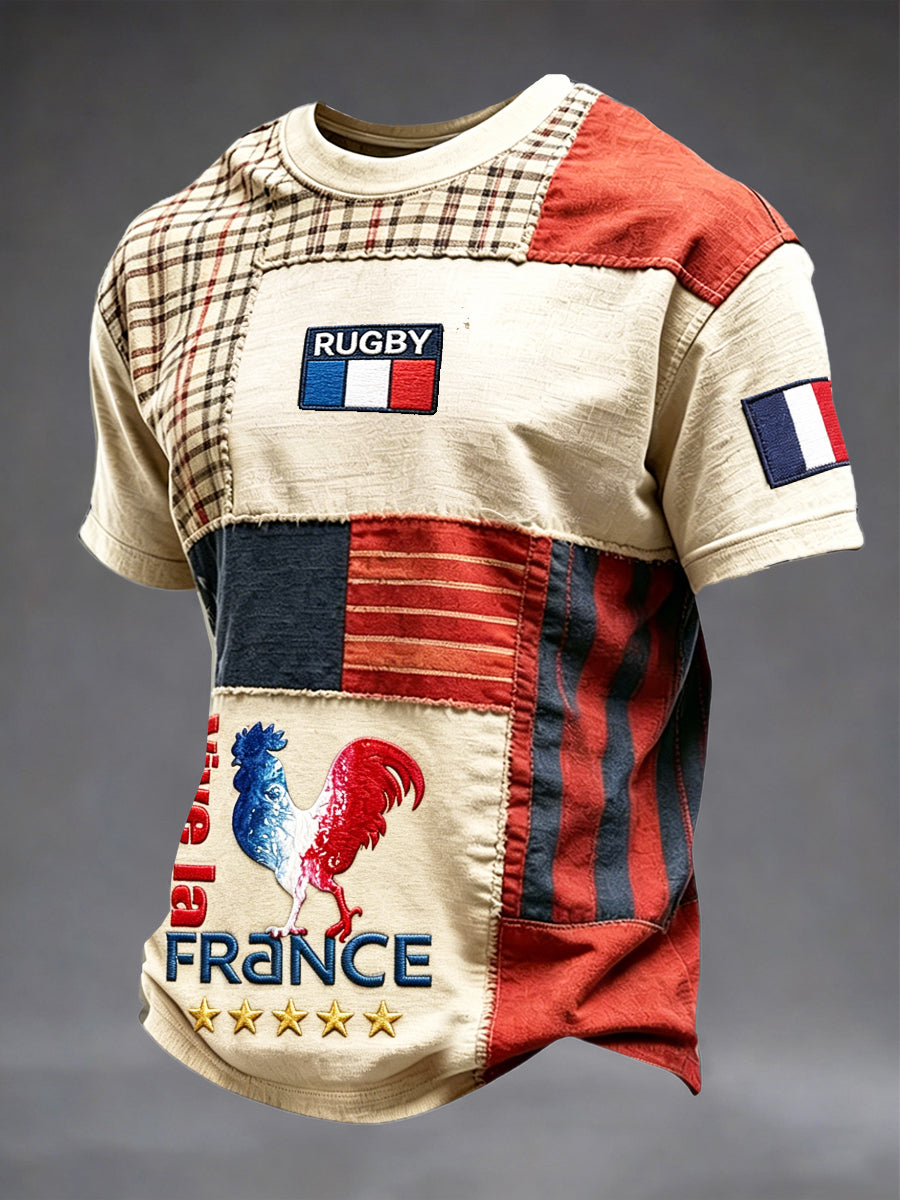 Men's French Rooster Rugby Retro Checked Patchwork Print Casual T-shirt